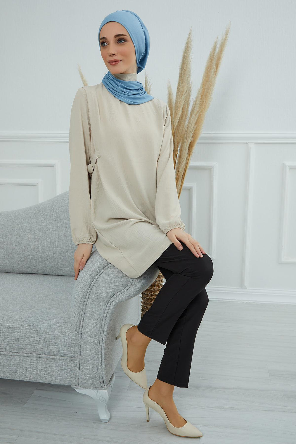 Ready to Wear Cotton Hijab Turban, Lightweight Pre-Tied Headscarf with Lycra, Easy Slip-On Modest Head Cover,HT-96 Blue