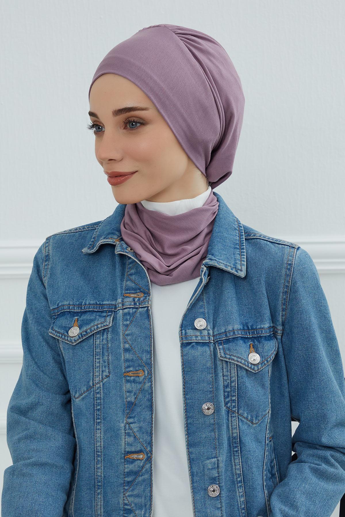 Ready to Wear Cotton Hijab Turban, Lightweight Pre-Tied Headscarf with Lycra, Easy Slip-On Modest Head Cover,HT-96 Lilac