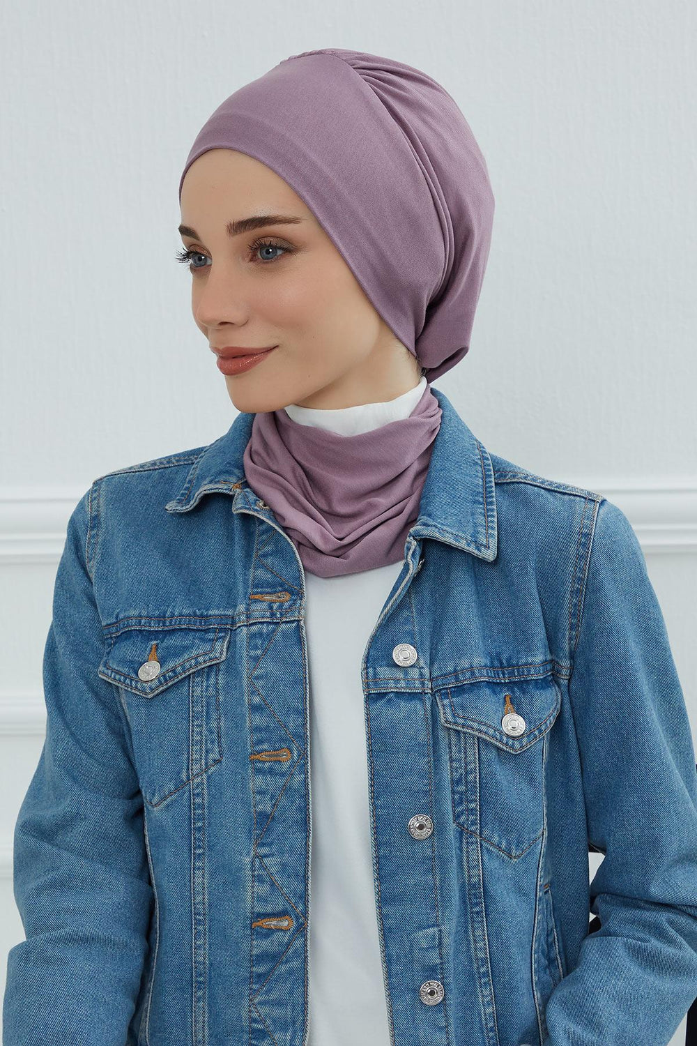 Ready to Wear Cotton Hijab Turban, Lightweight Pre-Tied Headscarf with Lycra, Easy Slip-On Modest Head Cover,HT-96 Lilac