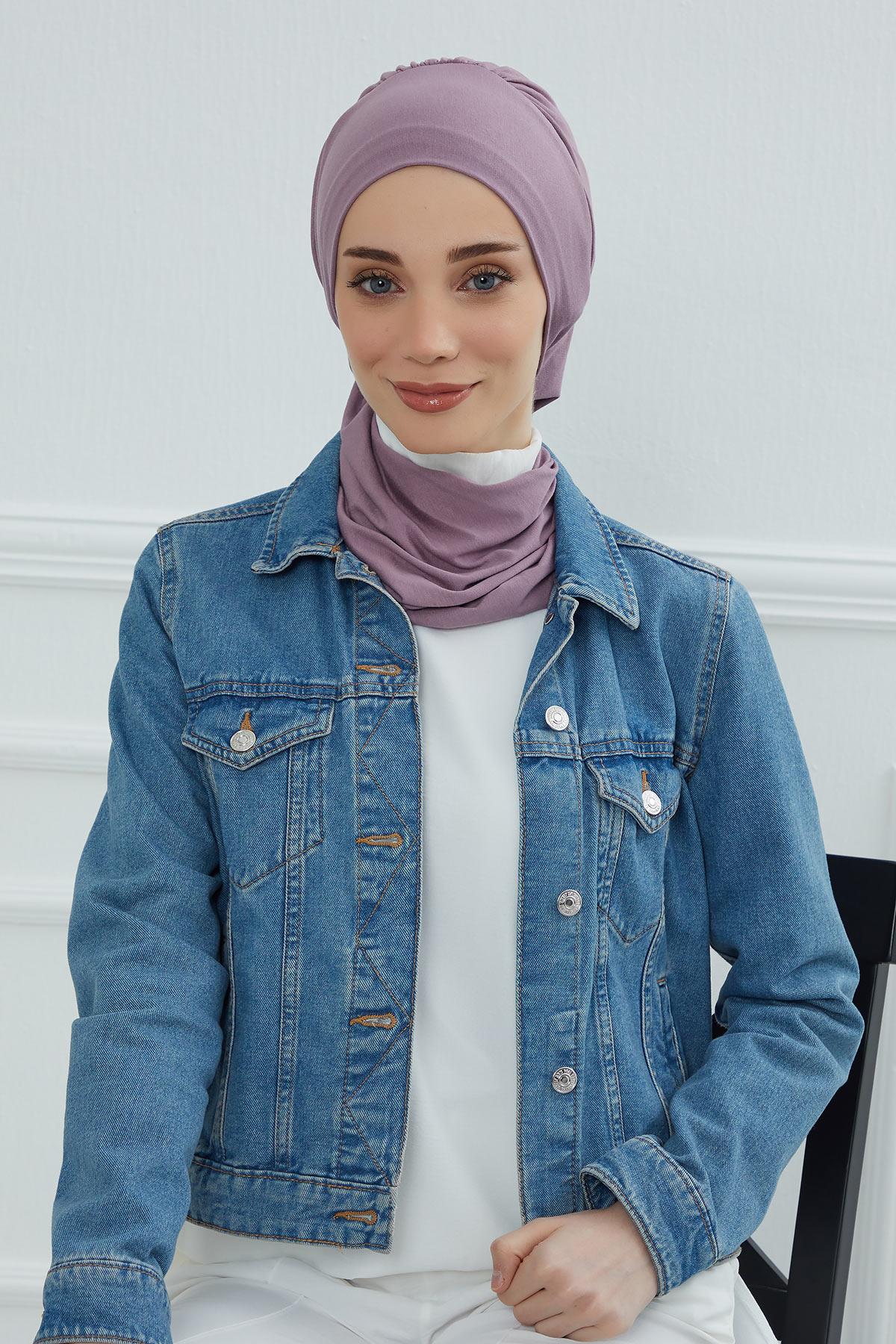 Ready to Wear Cotton Hijab Turban, Lightweight Pre-Tied Headscarf with Lycra, Easy Slip-On Modest Head Cover,HT-96 Lilac