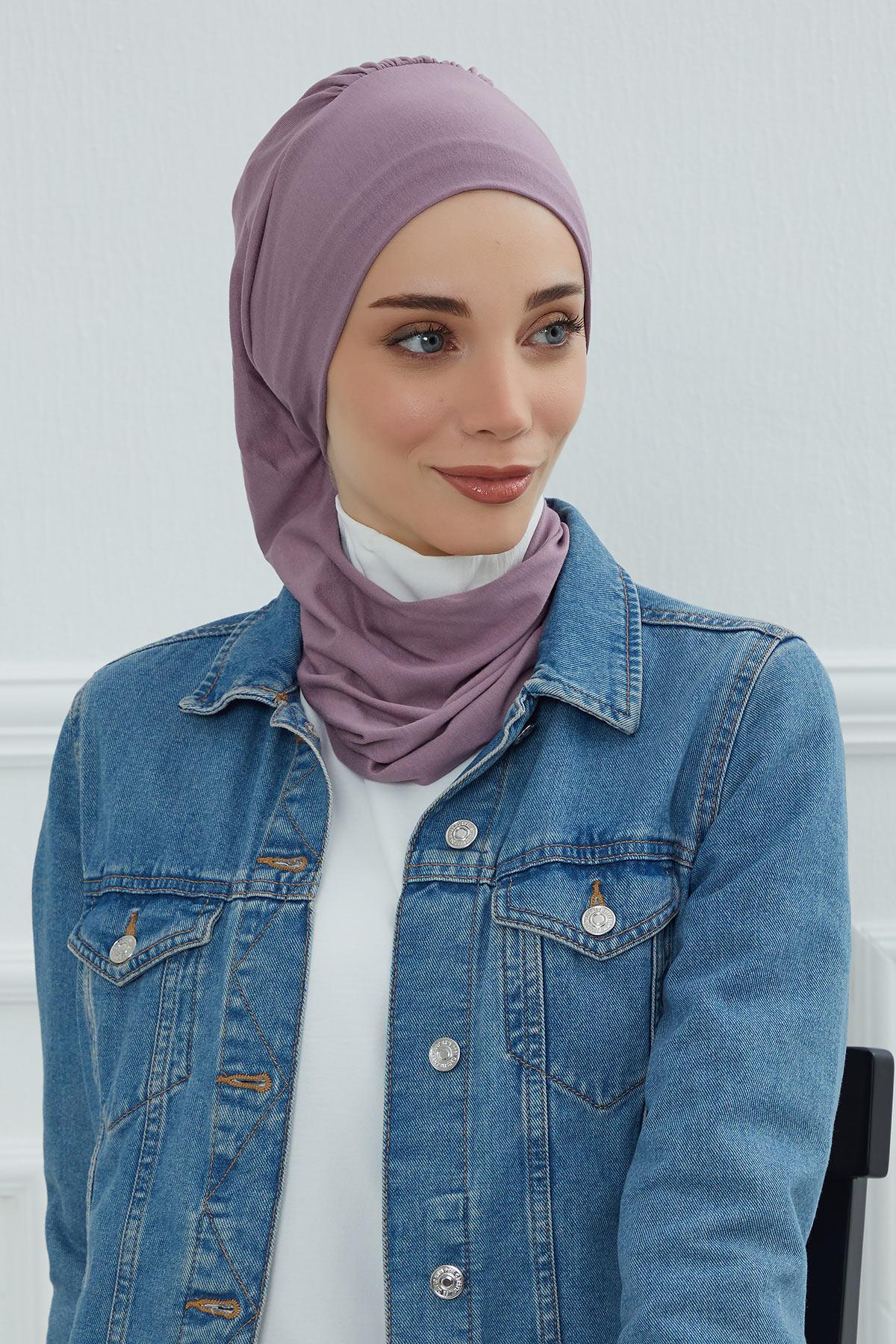 Ready to Wear Cotton Hijab Turban, Lightweight Pre-Tied Headscarf with Lycra, Easy Slip-On Modest Head Cover,HT-96 Lilac