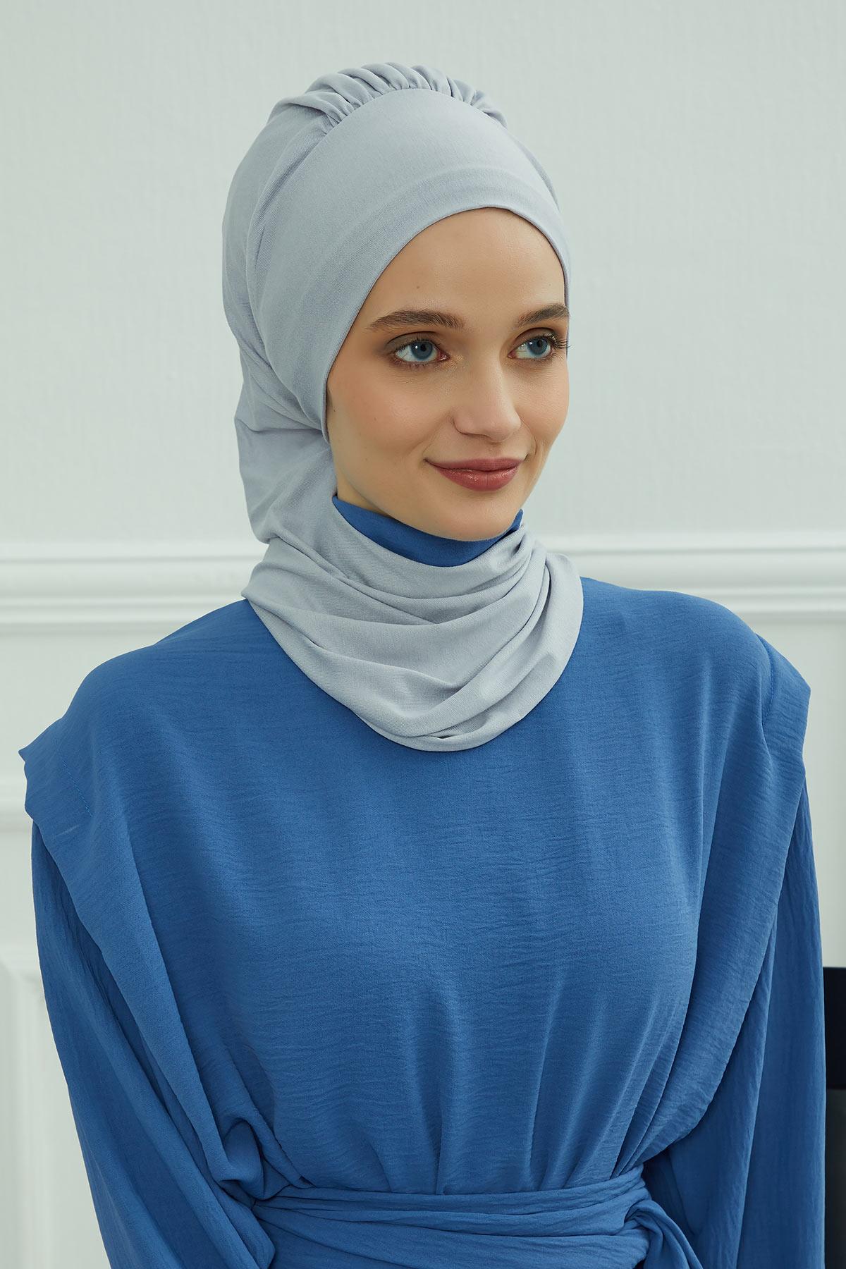 Ready to Wear Cotton Hijab Turban, Lightweight Pre-Tied Headscarf with Lycra, Easy Slip-On Modest Head Cover,HT-96 Grey 2