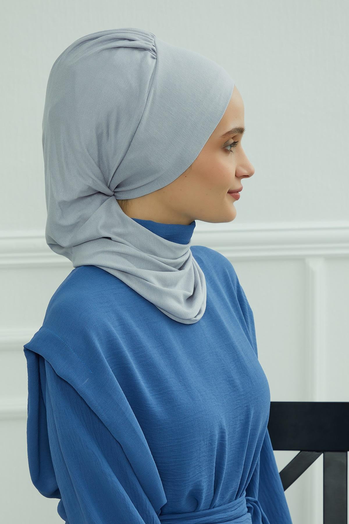 Ready to Wear Cotton Hijab Turban, Lightweight Pre-Tied Headscarf with Lycra, Easy Slip-On Modest Head Cover,HT-96 Grey 2