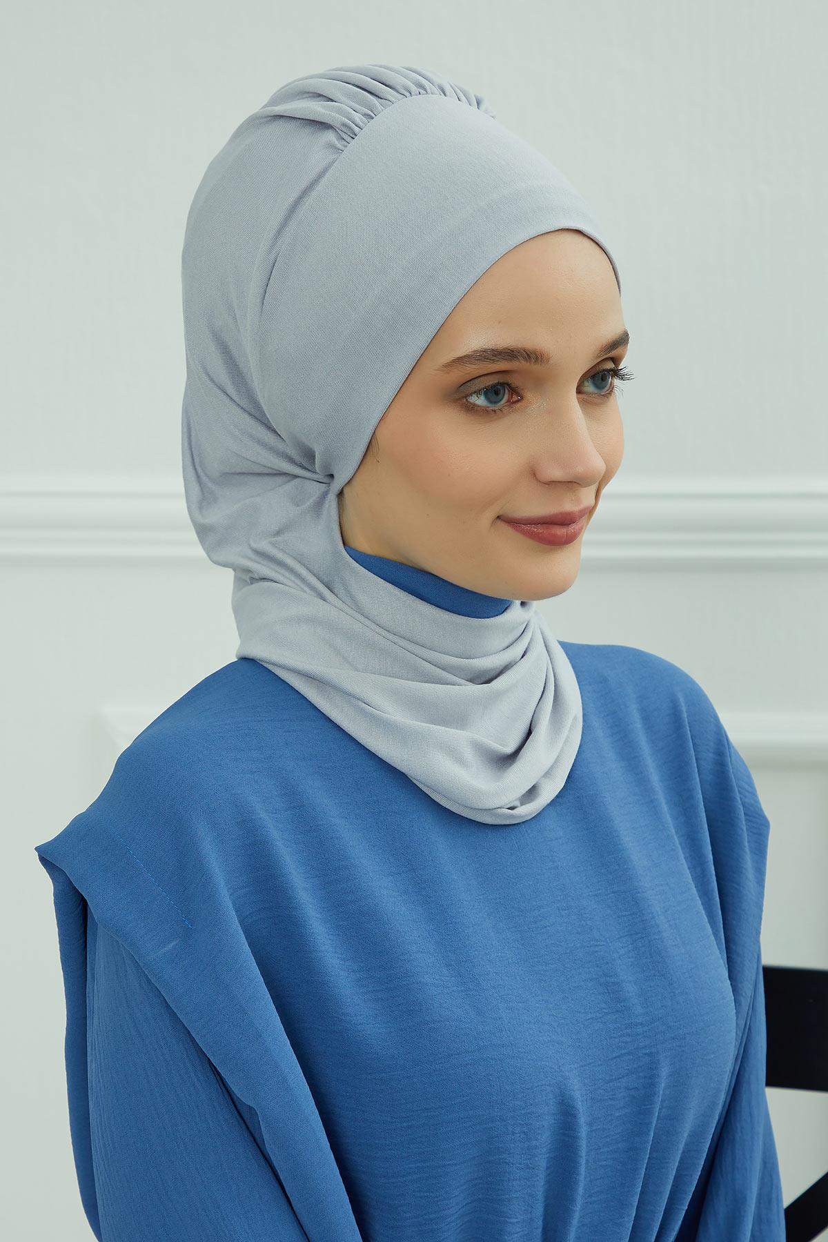 Ready to Wear Cotton Hijab Turban, Lightweight Pre-Tied Headscarf with Lycra, Easy Slip-On Modest Head Cover,HT-96 Grey 2