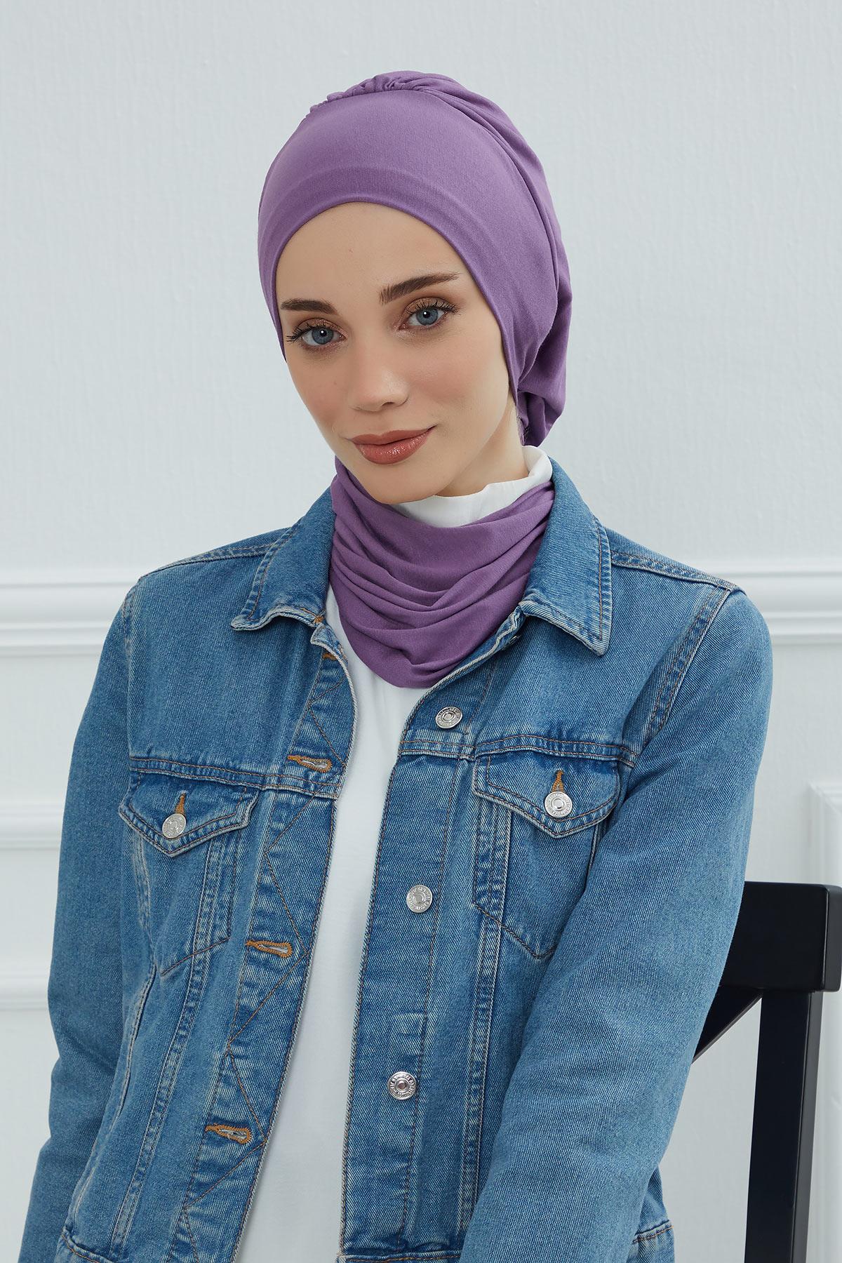 Ready to Wear Cotton Hijab Turban, Lightweight Pre-Tied Headscarf with Lycra, Easy Slip-On Modest Head Cover,HT-96 Purple 2
