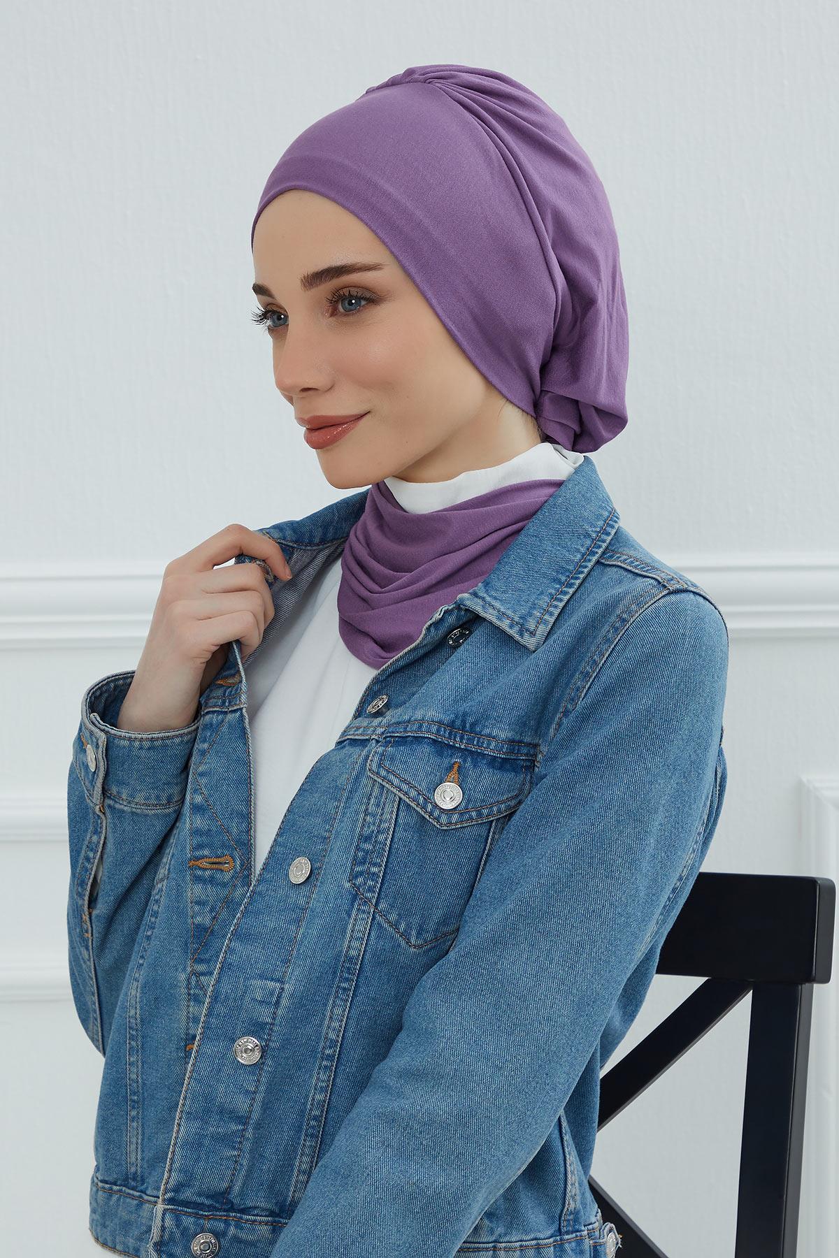 Ready to Wear Cotton Hijab Turban, Lightweight Pre-Tied Headscarf with Lycra, Easy Slip-On Modest Head Cover,HT-96 Purple 2