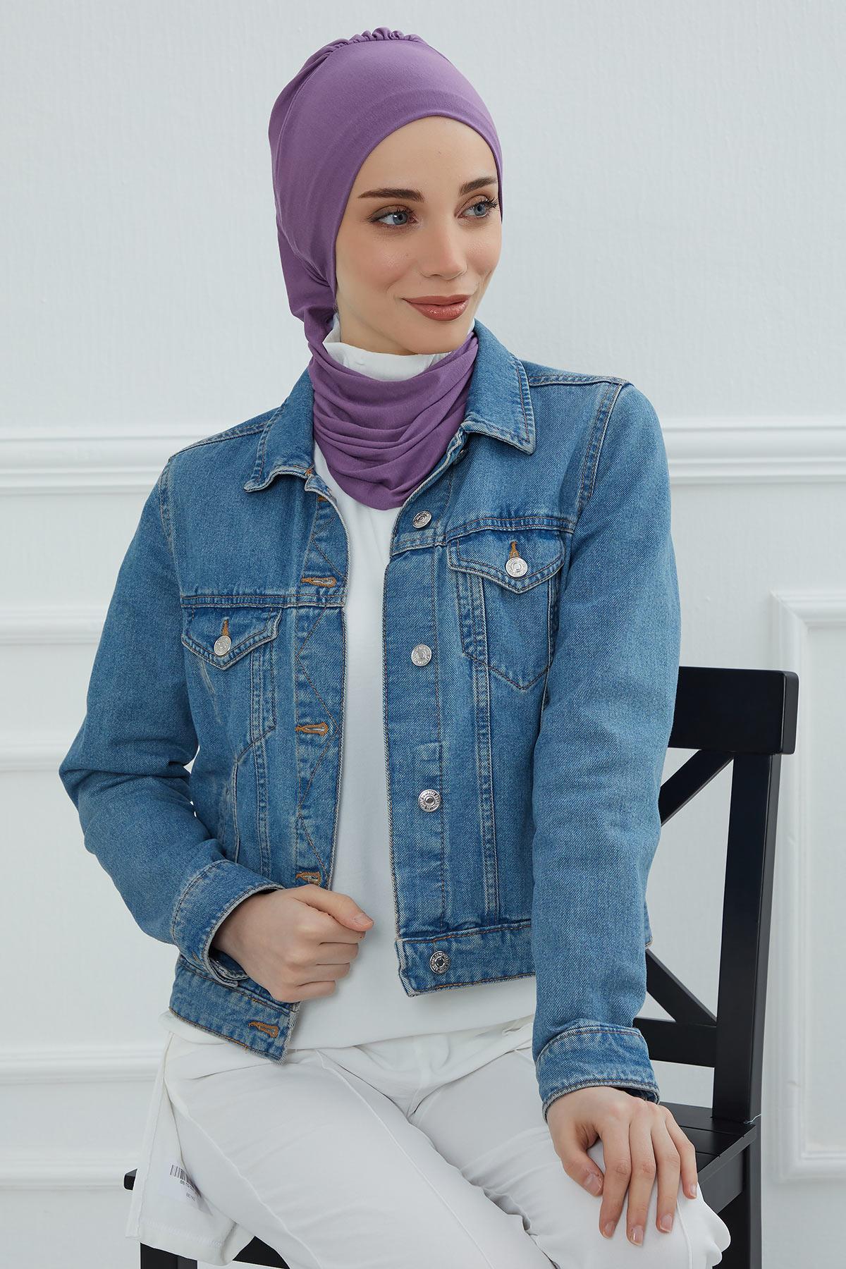 Ready to Wear Cotton Hijab Turban, Lightweight Pre-Tied Headscarf with Lycra, Easy Slip-On Modest Head Cover,HT-96 Purple 2