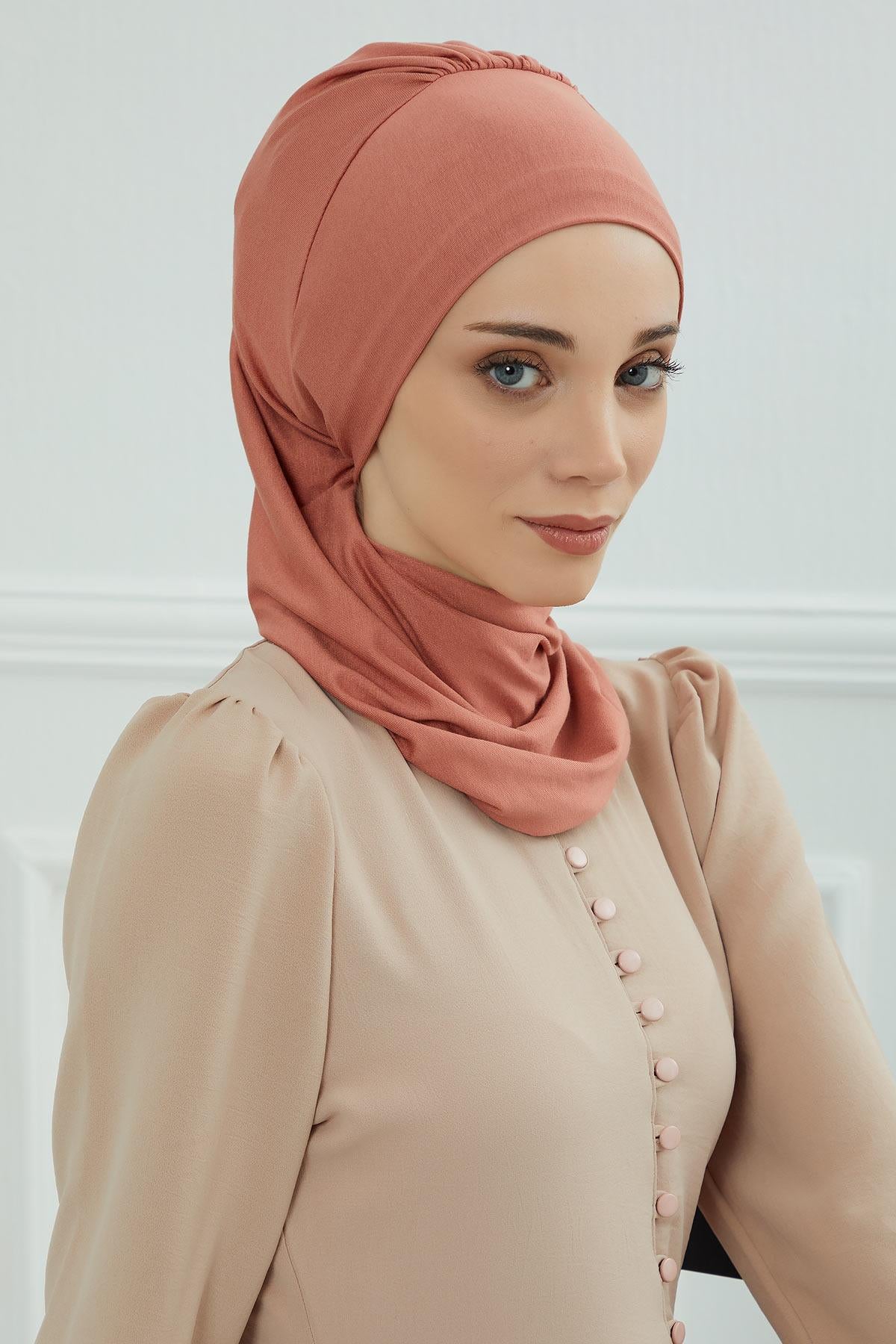 Ready to Wear Cotton Hijab Turban, Lightweight Pre-Tied Headscarf with Lycra, Easy Slip-On Modest Head Cover,HT-96 Salmon