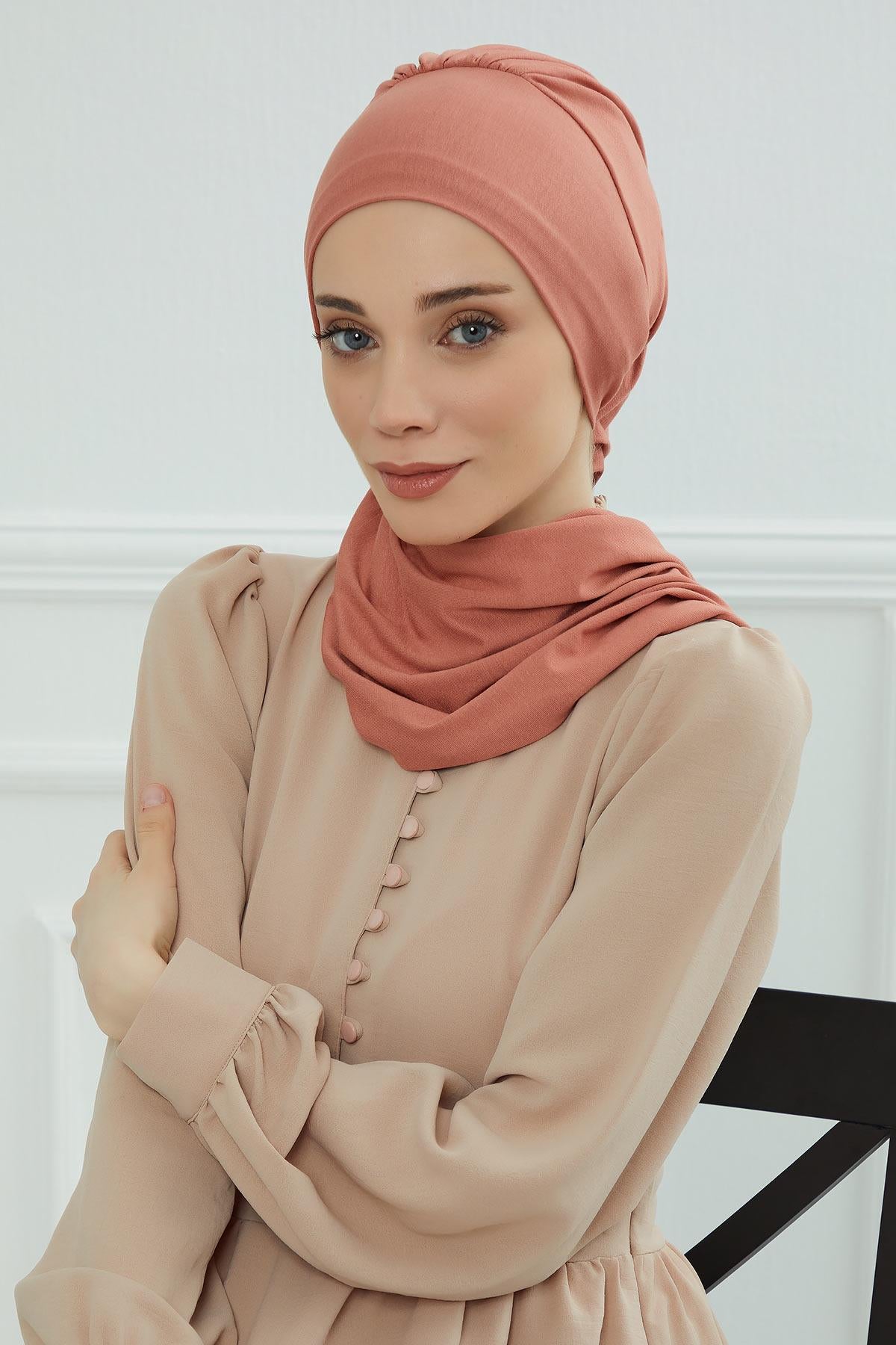 Ready to Wear Cotton Hijab Turban, Lightweight Pre-Tied Headscarf with Lycra, Easy Slip-On Modest Head Cover,HT-96 Salmon