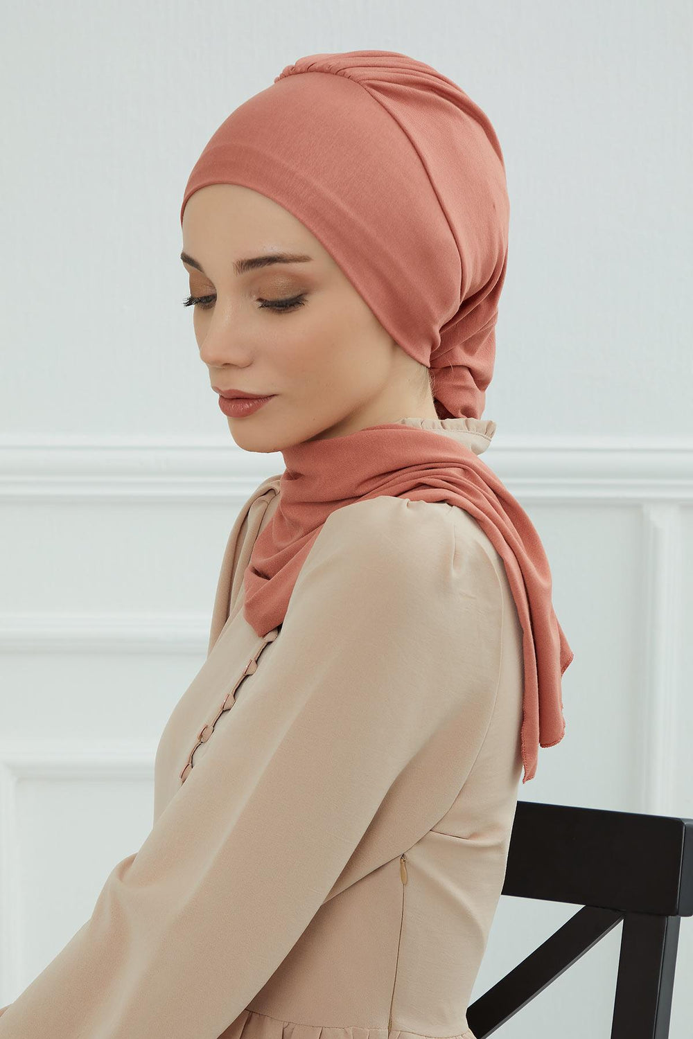 Ready to Wear Cotton Hijab Turban, Lightweight Pre-Tied Headscarf with Lycra, Easy Slip-On Modest Head Cover,HT-96 Salmon