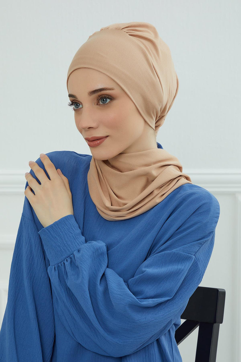 Ready to Wear Cotton Hijab Turban, Lightweight Pre-Tied Headscarf with Lycra, Easy Slip-On Modest Head Cover,HT-96 Sand Brown
