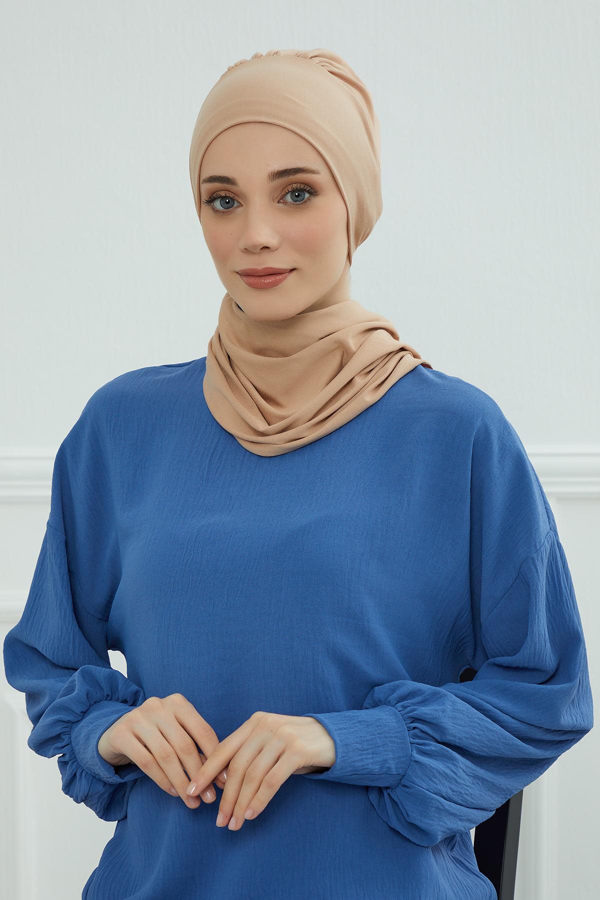 Ready to Wear Cotton Hijab Turban, Lightweight Pre-Tied Headscarf with Lycra, Easy Slip-On Modest Head Cover,HT-96 Sand Brown