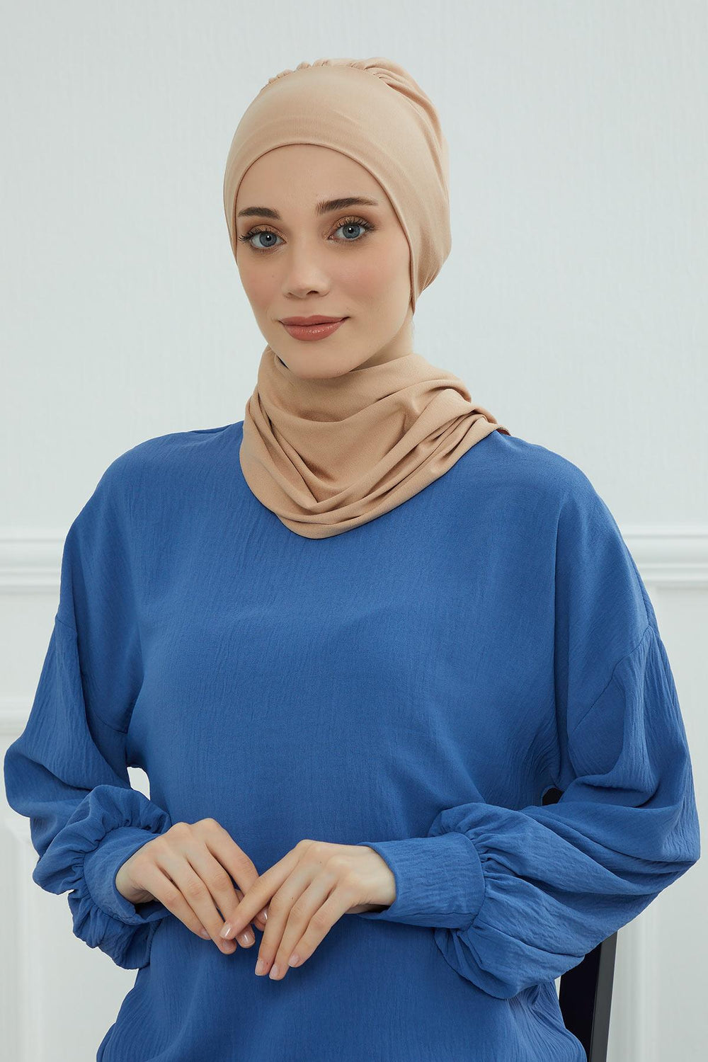 Ready to Wear Cotton Hijab Turban, Lightweight Pre-Tied Headscarf with Lycra, Easy Slip-On Modest Head Cover,HT-96 Sand Brown