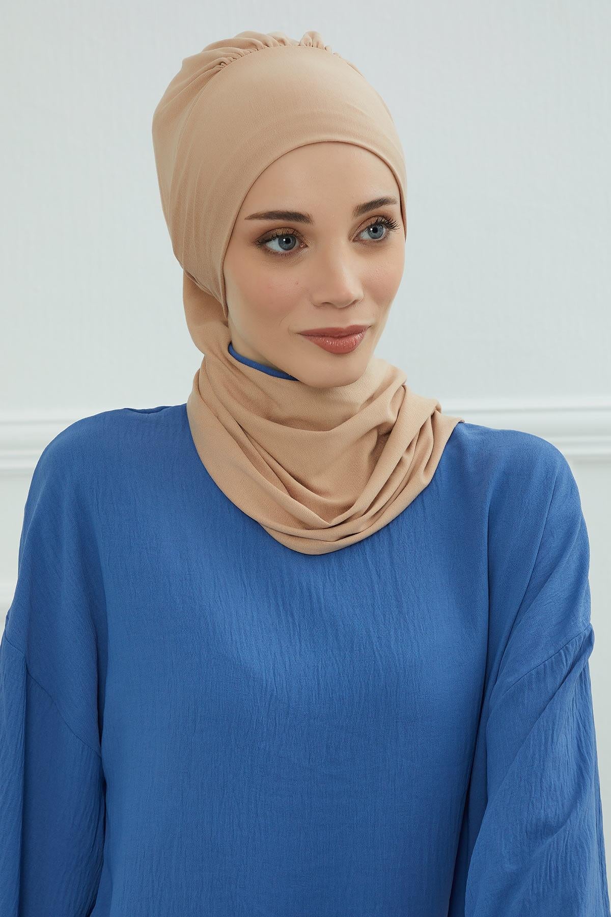 Ready to Wear Cotton Hijab Turban, Lightweight Pre-Tied Headscarf with Lycra, Easy Slip-On Modest Head Cover,HT-96 Sand Brown