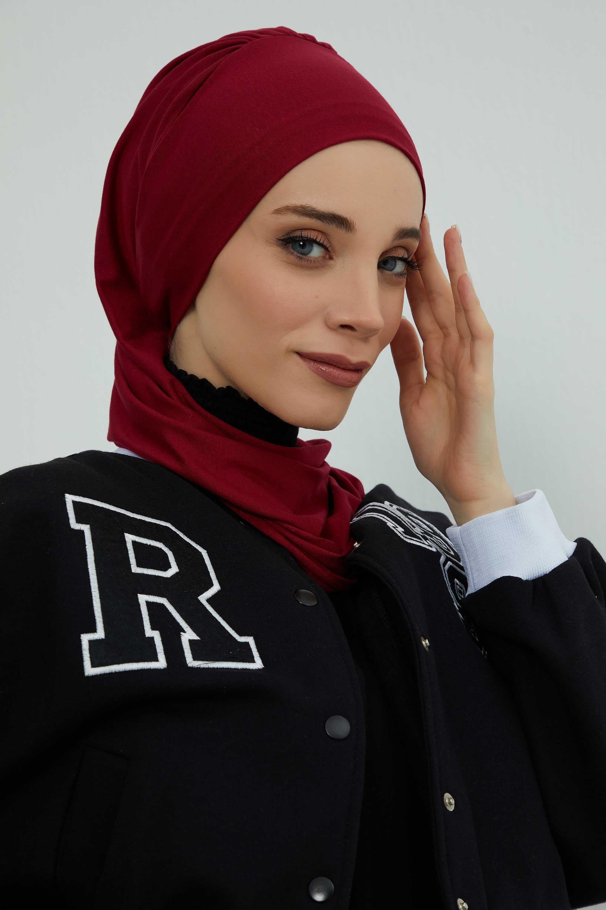 Ready to Wear Cotton Hijab Turban, Lightweight Pre-Tied Headscarf with Lycra, Easy Slip-On Modest Head Cover,HT-96 Maroon