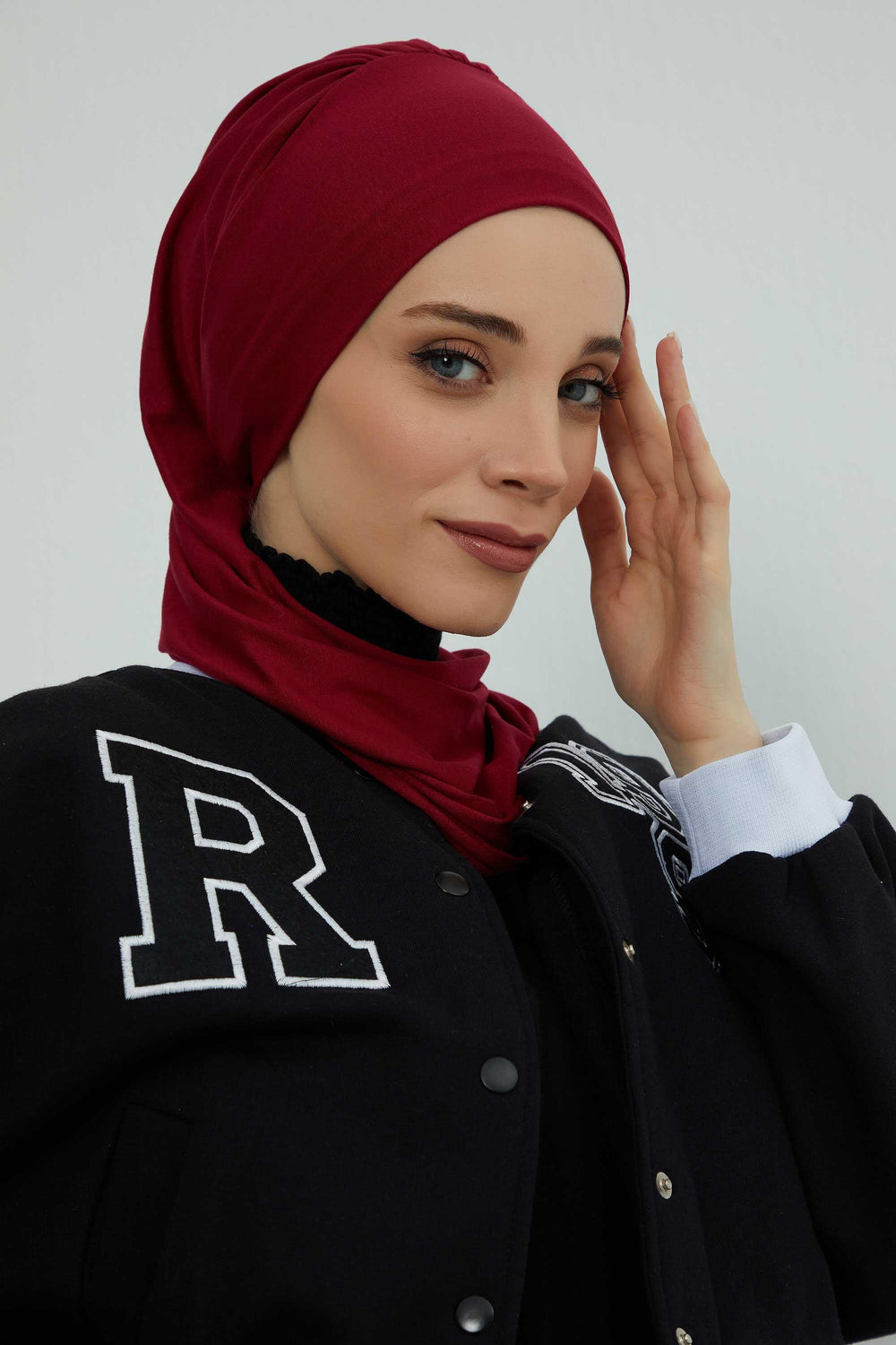 Ready to Wear Cotton Hijab Turban, Lightweight Pre-Tied Headscarf with Lycra, Easy Slip-On Modest Head Cover,HT-96 Maroon