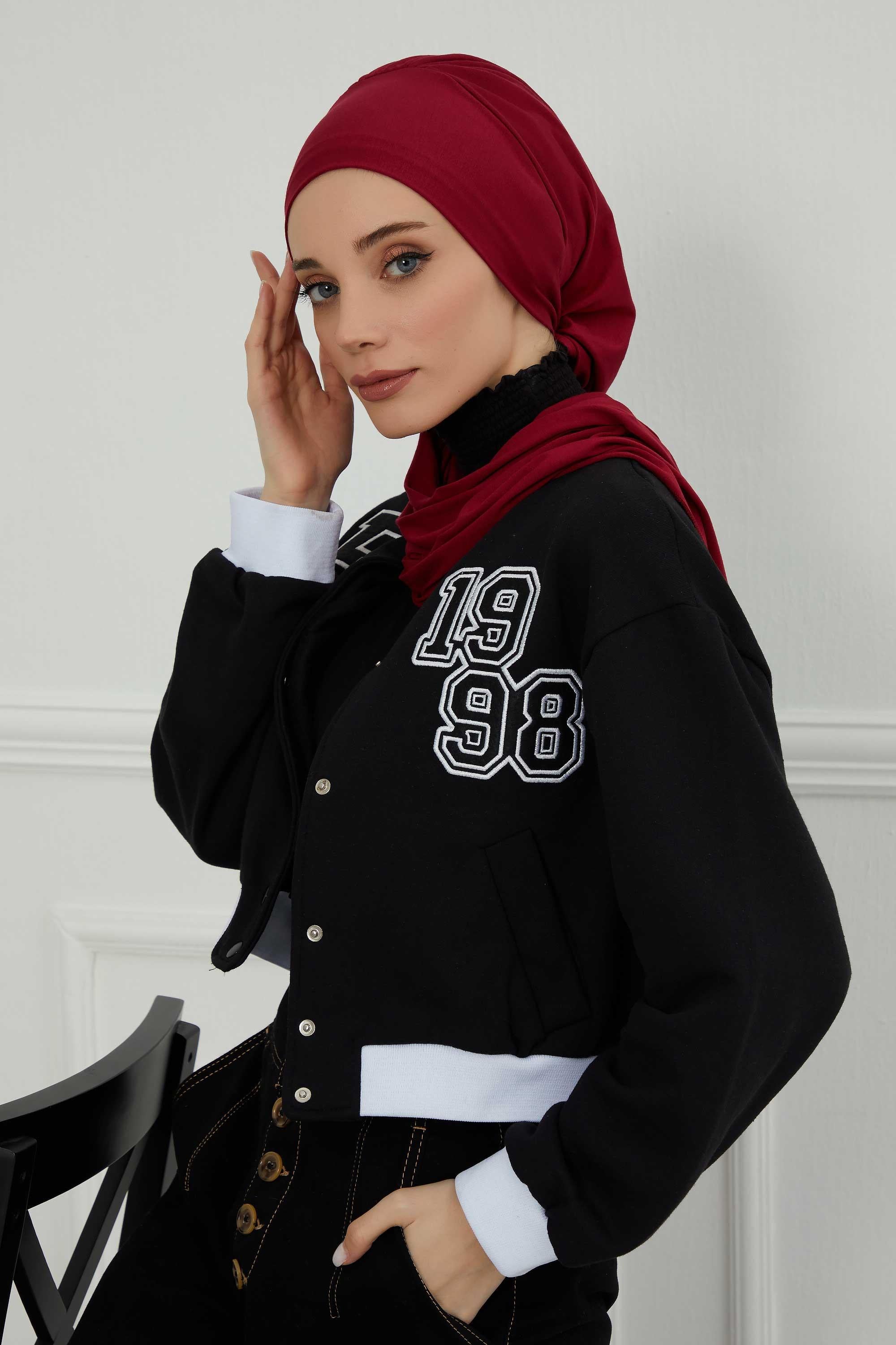 Ready to Wear Cotton Hijab Turban, Lightweight Pre-Tied Headscarf with Lycra, Easy Slip-On Modest Head Cover,HT-96 Maroon