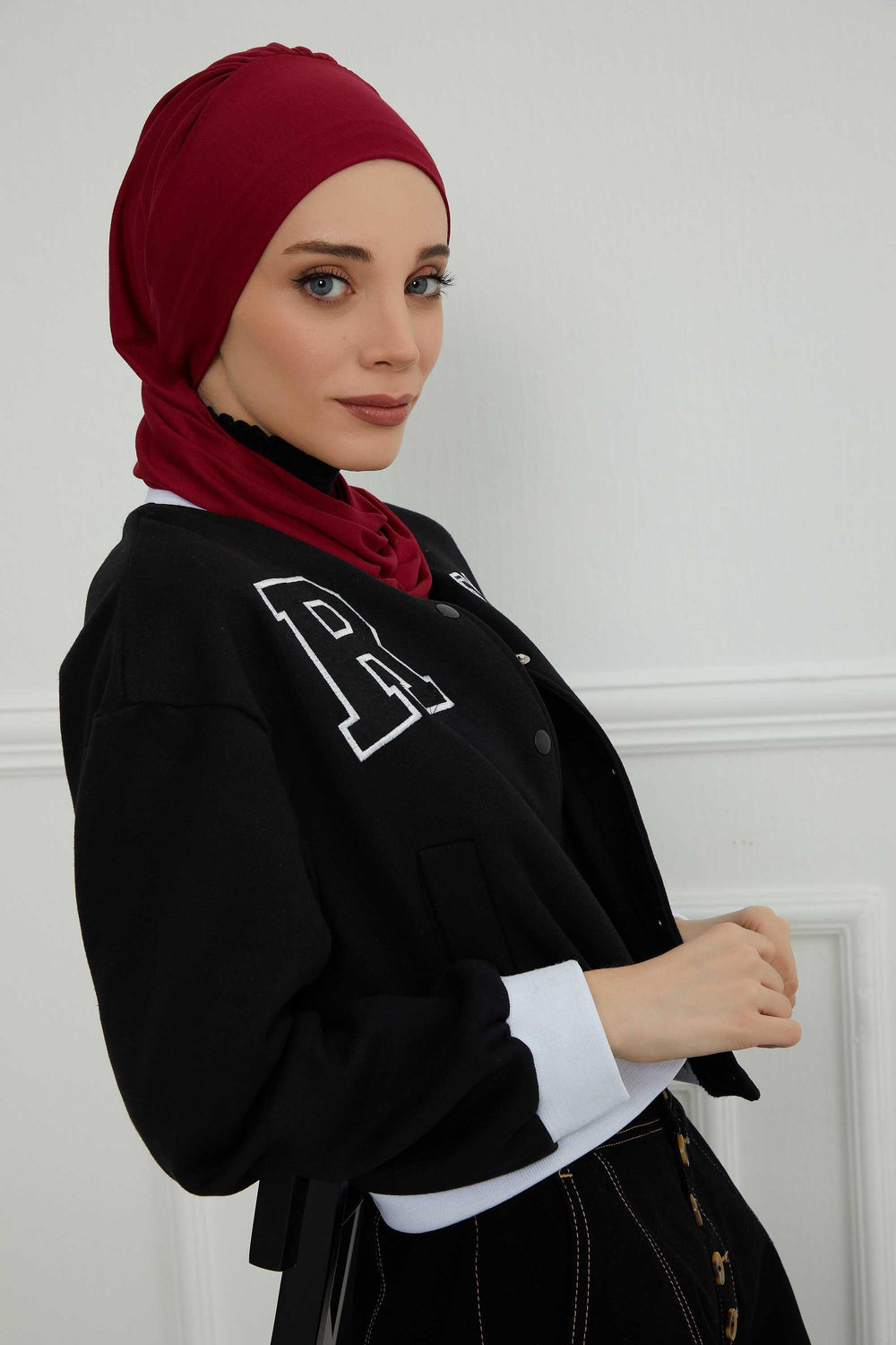 Ready to Wear Cotton Hijab Turban, Lightweight Pre-Tied Headscarf with Lycra, Easy Slip-On Modest Head Cover,HT-96 Maroon
