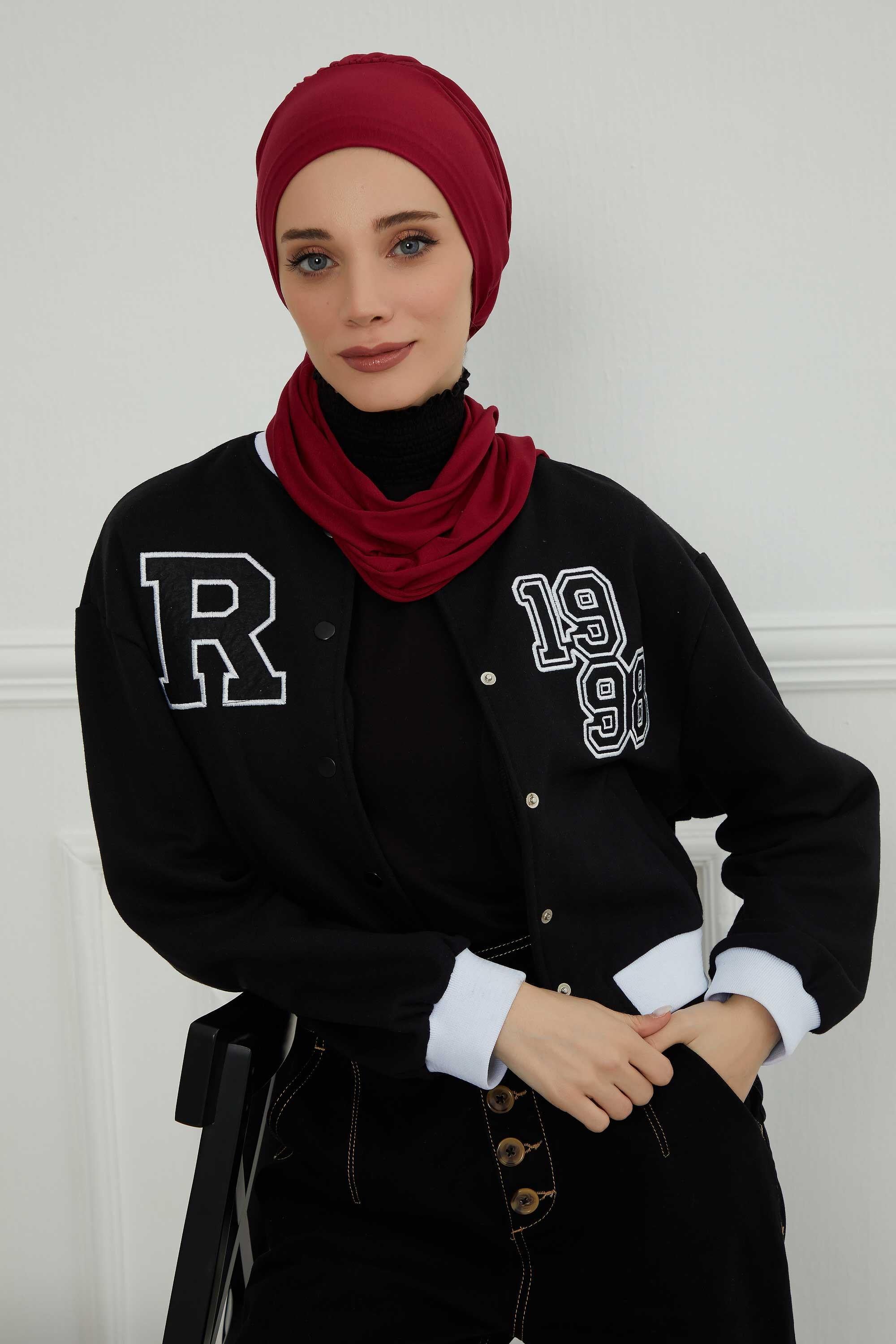 Ready to Wear Cotton Hijab Turban, Lightweight Pre-Tied Headscarf with Lycra, Easy Slip-On Modest Head Cover,HT-96 Maroon
