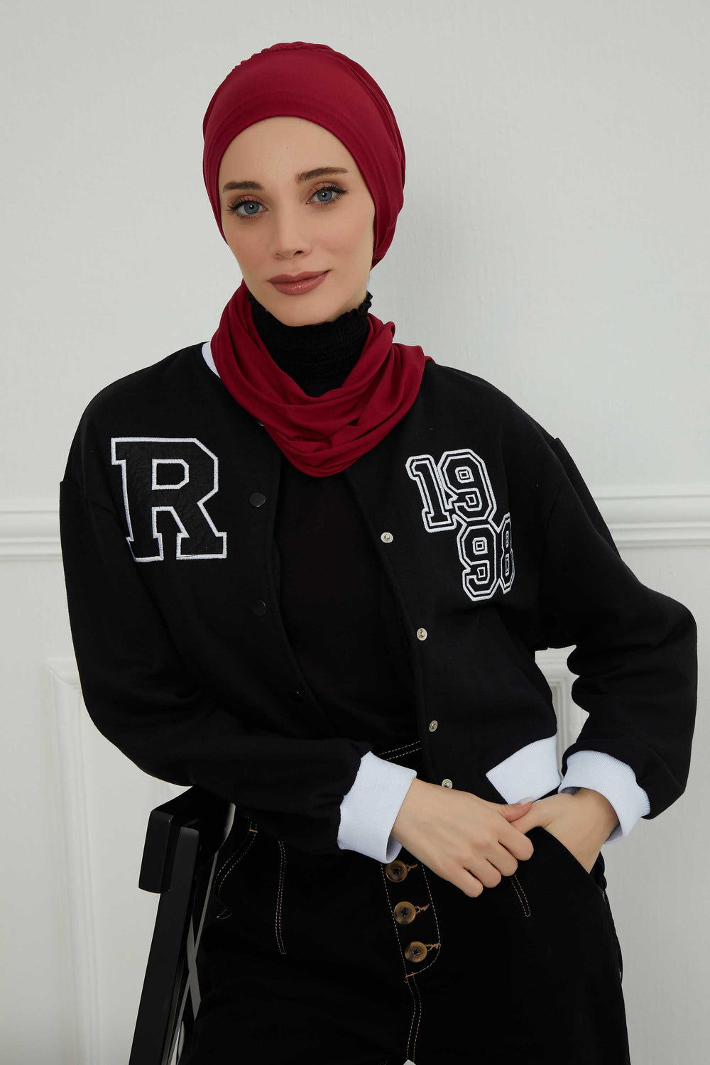 Ready to Wear Cotton Hijab Turban, Lightweight Pre-Tied Headscarf with Lycra, Easy Slip-On Modest Head Cover,HT-96 Maroon