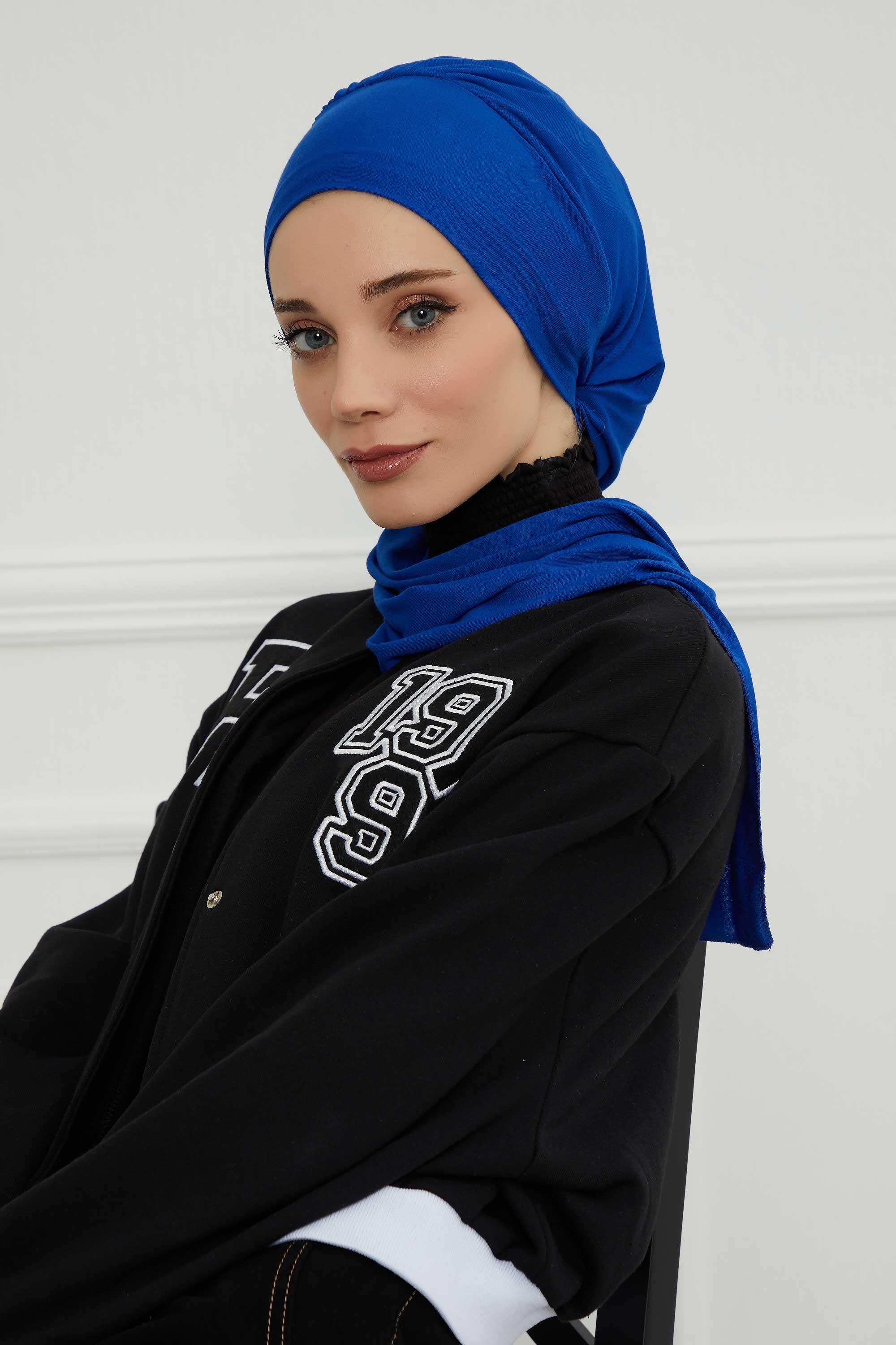 Ready to Wear Cotton Hijab Turban, Lightweight Pre-Tied Headscarf with Lycra, Easy Slip-On Modest Head Cover,HT-96 Sax Blue