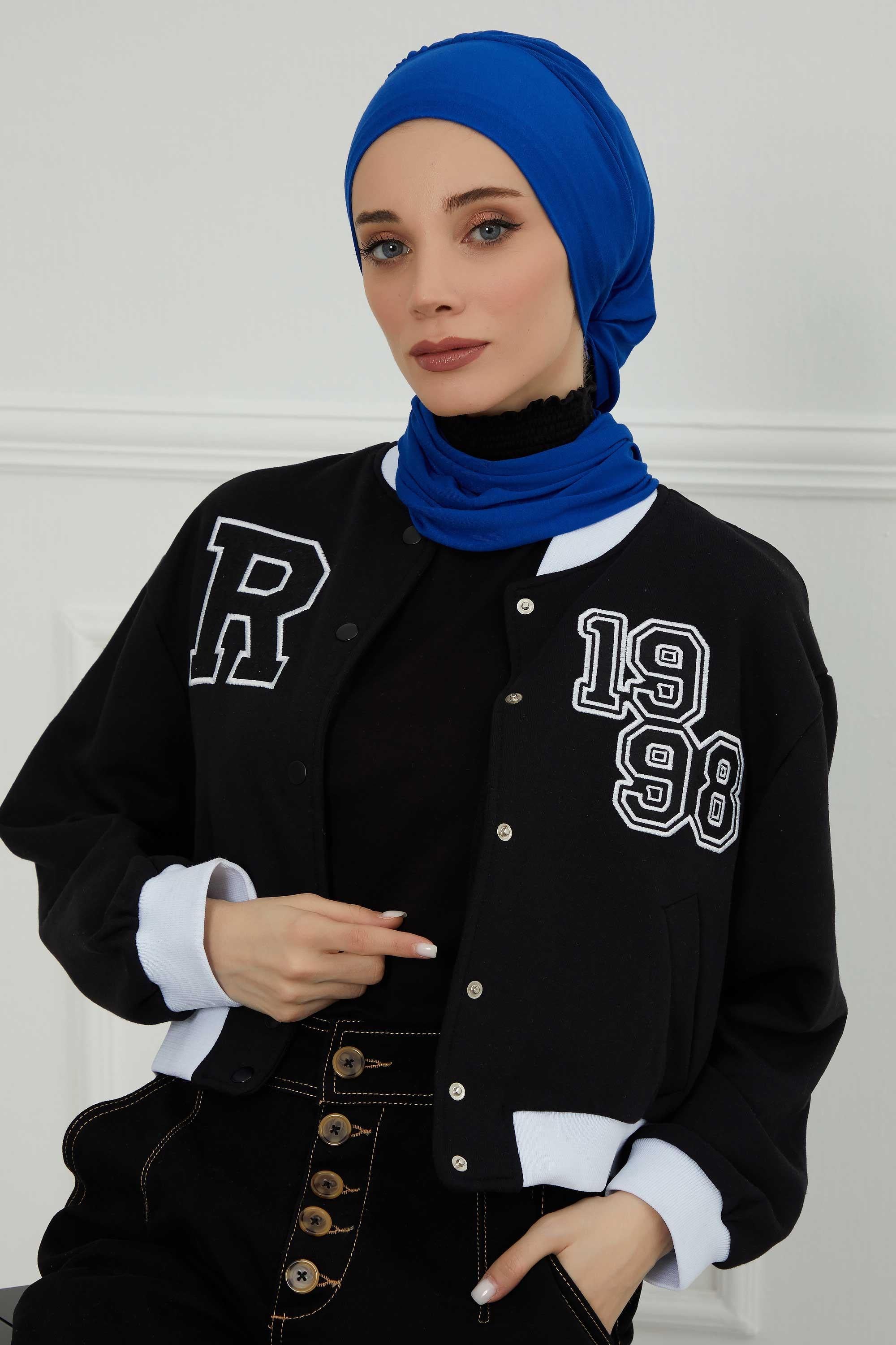Ready to Wear Cotton Hijab Turban, Lightweight Pre-Tied Headscarf with Lycra, Easy Slip-On Modest Head Cover,HT-96 Sax Blue