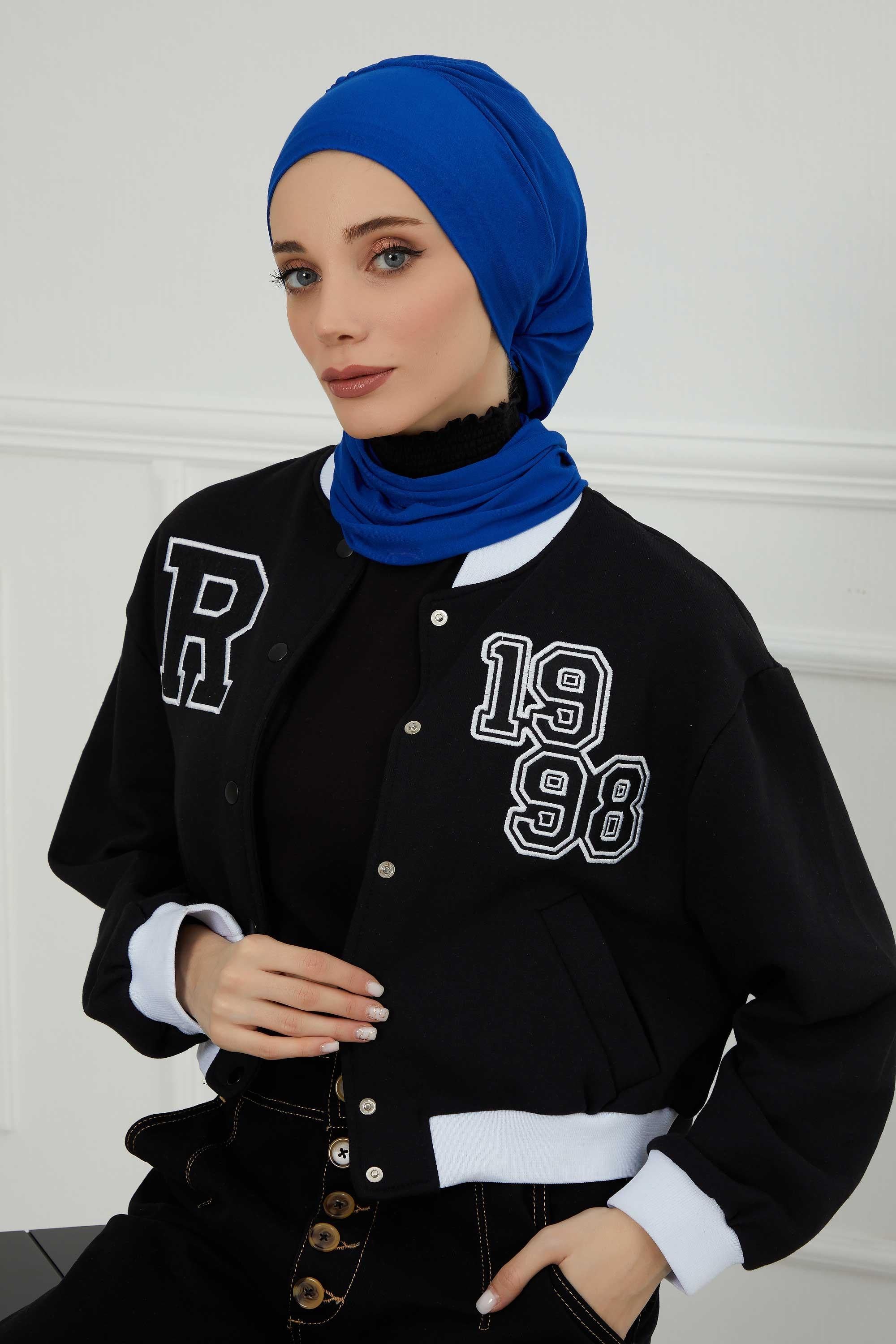 Ready to Wear Cotton Hijab Turban, Lightweight Pre-Tied Headscarf with Lycra, Easy Slip-On Modest Head Cover,HT-96 Sax Blue