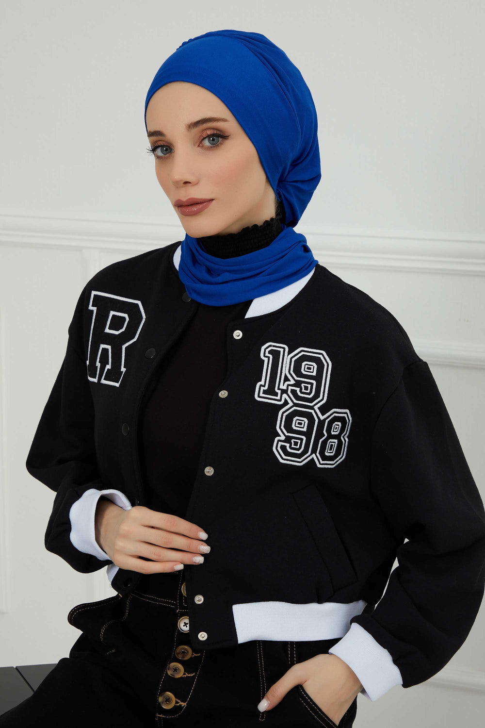 Ready to Wear Cotton Hijab Turban, Lightweight Pre-Tied Headscarf with Lycra, Easy Slip-On Modest Head Cover,HT-96 Sax Blue