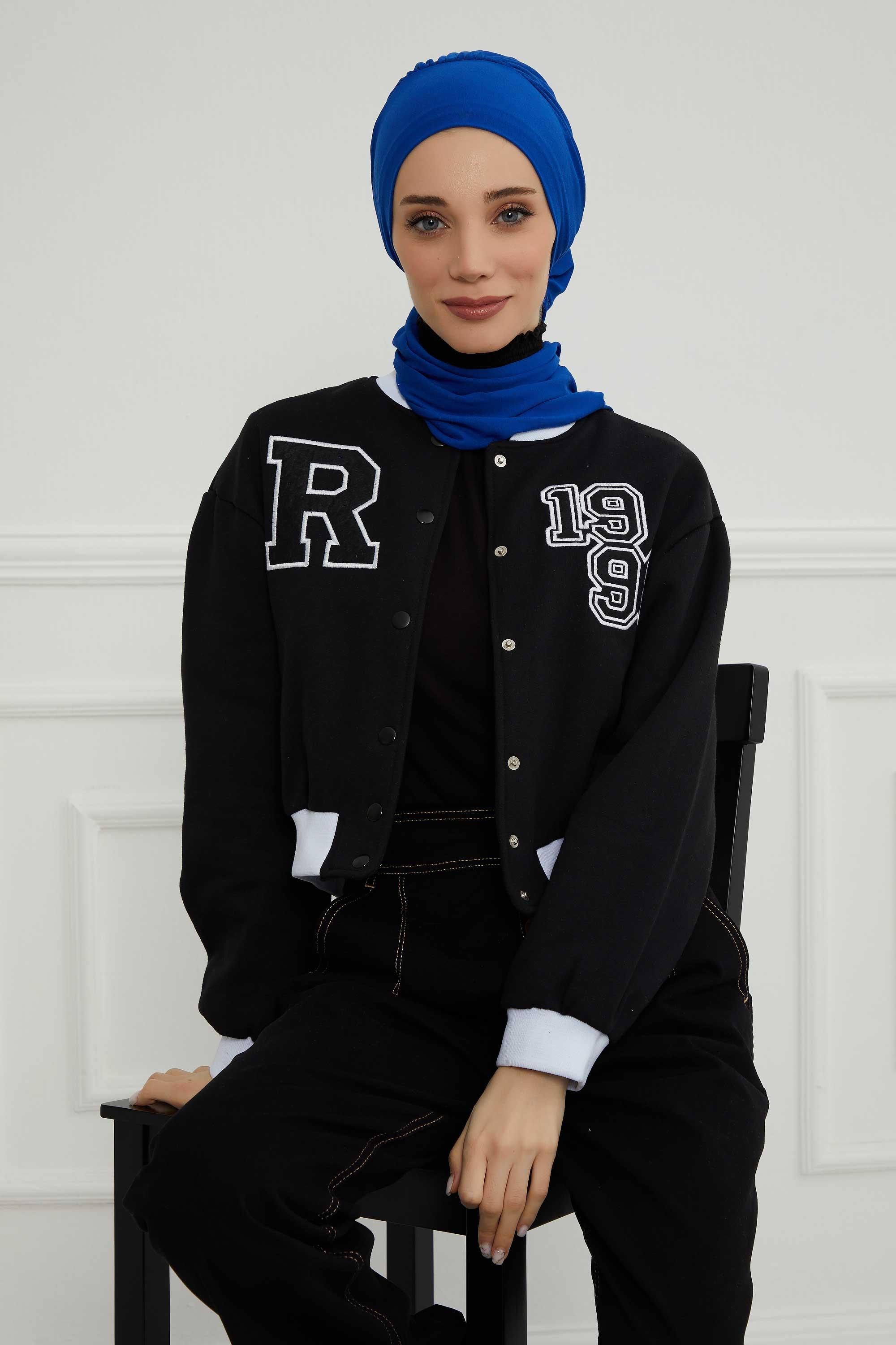 Ready to Wear Cotton Hijab Turban, Lightweight Pre-Tied Headscarf with Lycra, Easy Slip-On Modest Head Cover,HT-96 Sax Blue