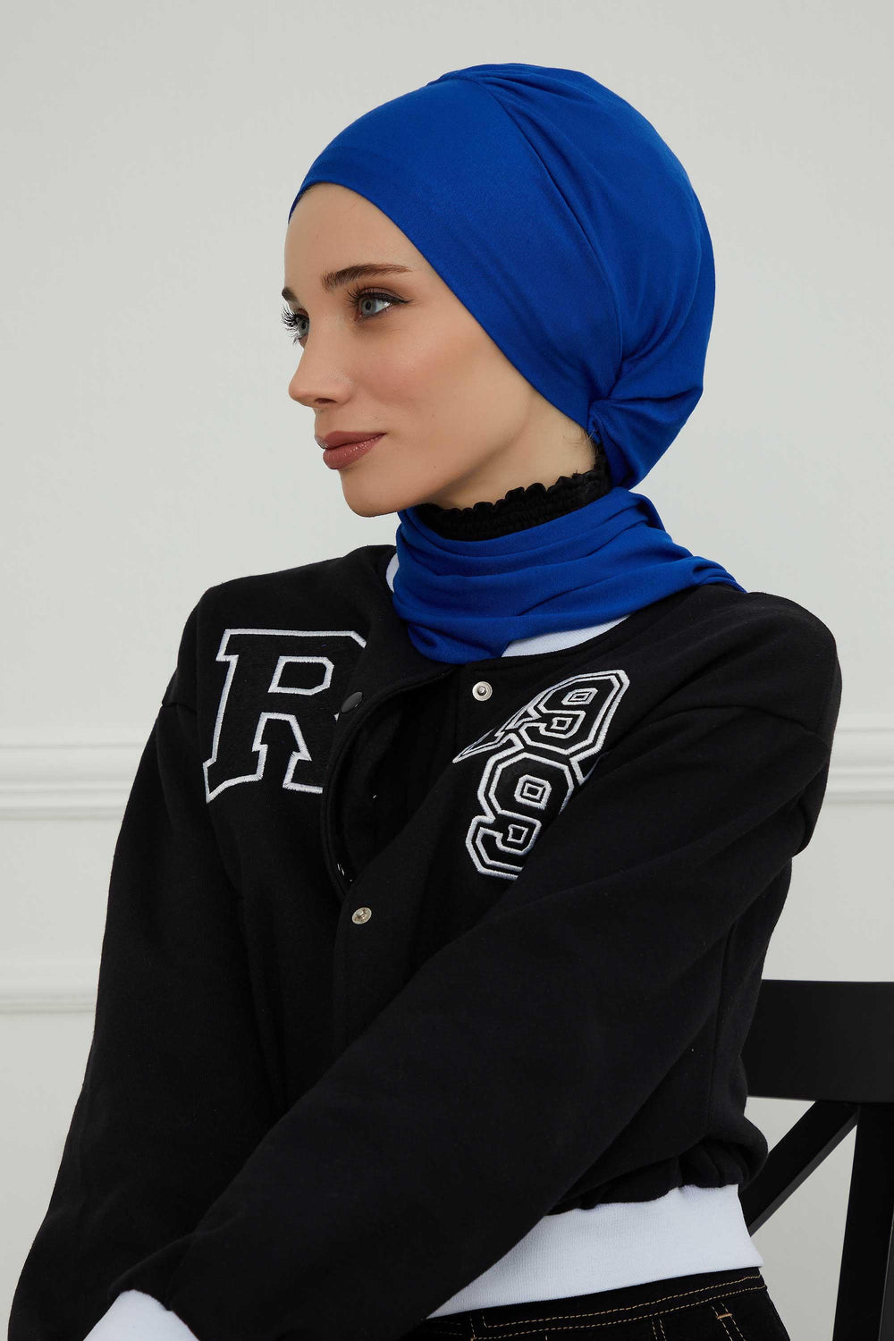 Ready to Wear Cotton Hijab Turban, Lightweight Pre-Tied Headscarf with Lycra, Easy Slip-On Modest Head Cover,HT-96 Sax Blue