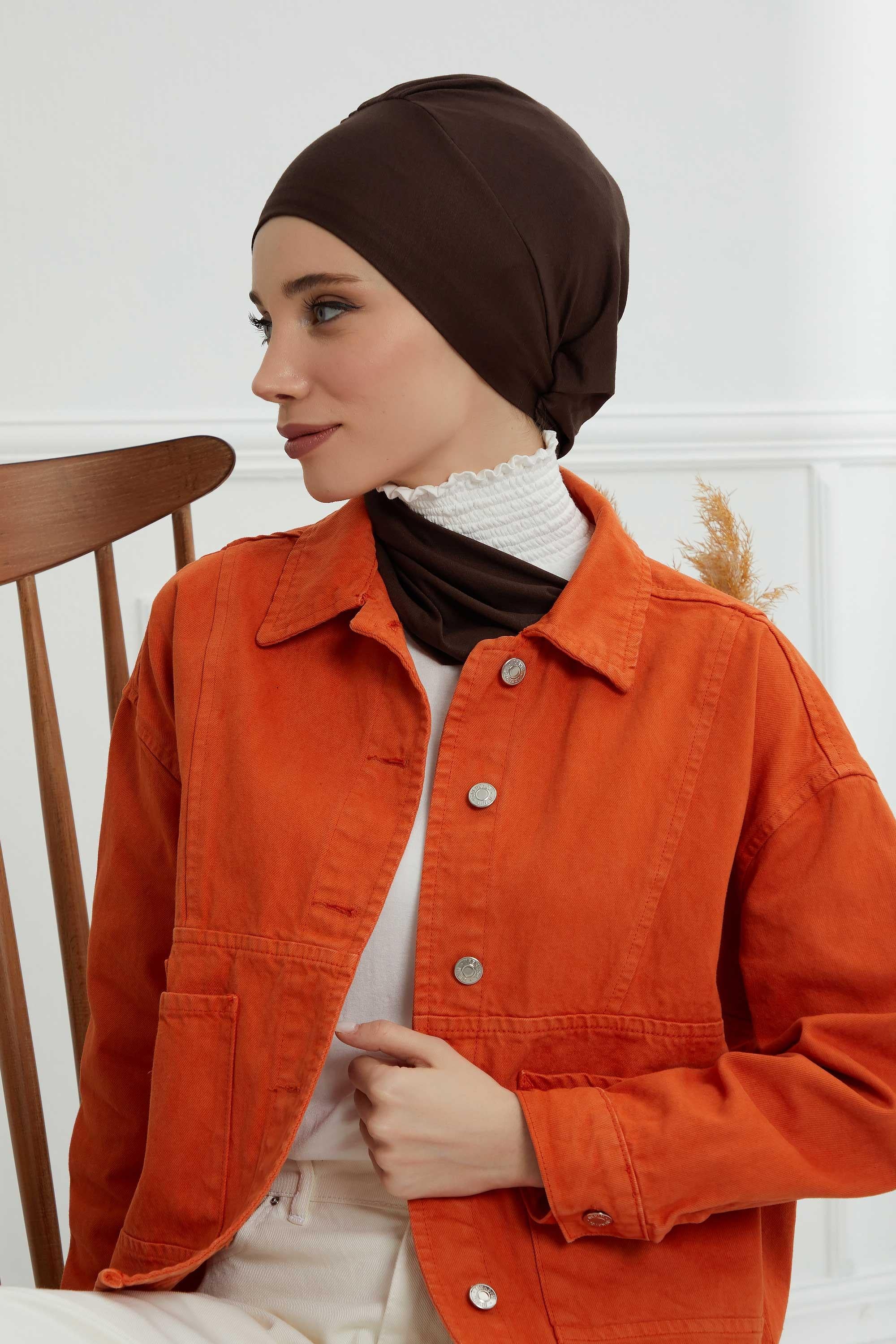 Ready to Wear Cotton Hijab Turban, Lightweight Pre-Tied Headscarf with Lycra, Easy Slip-On Modest Head Cover,HT-96 Brown