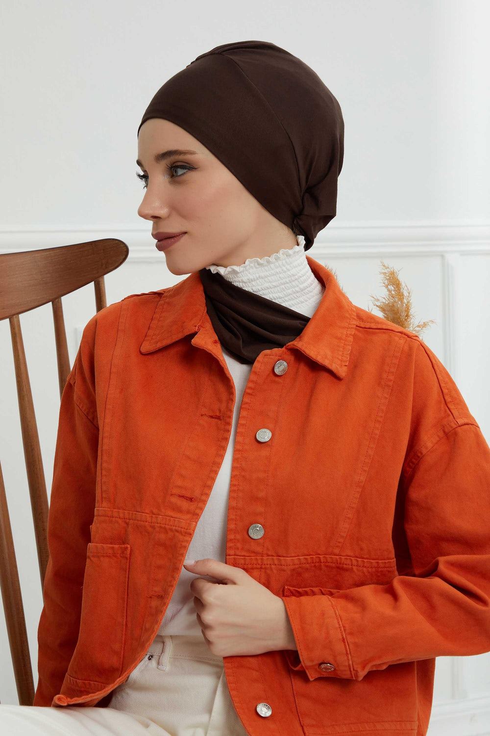 Ready to Wear Cotton Hijab Turban, Lightweight Pre-Tied Headscarf with Lycra, Easy Slip-On Modest Head Cover,HT-96 Brown
