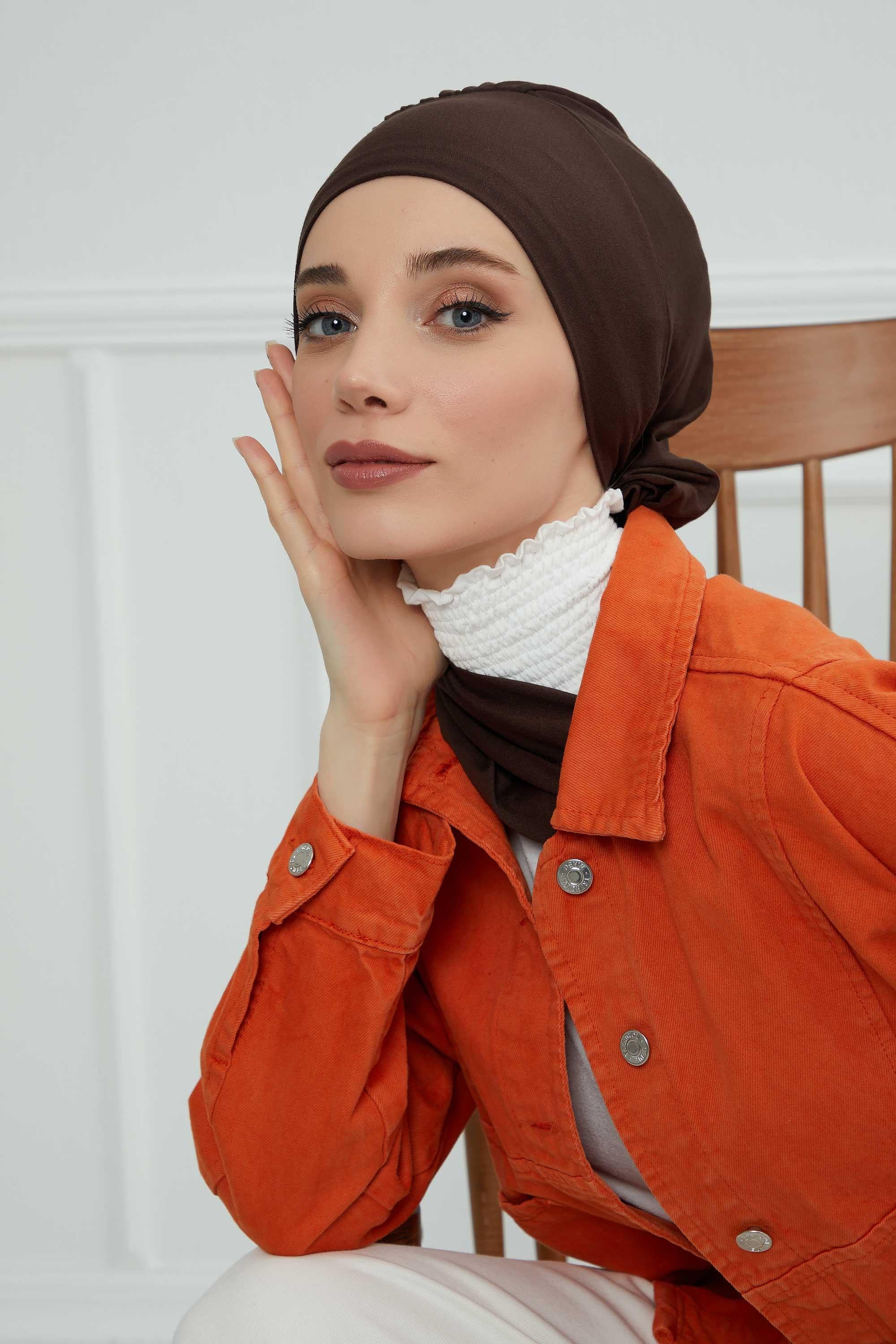 Ready to Wear Cotton Hijab Turban, Lightweight Pre-Tied Headscarf with Lycra, Easy Slip-On Modest Head Cover,HT-96 Brown