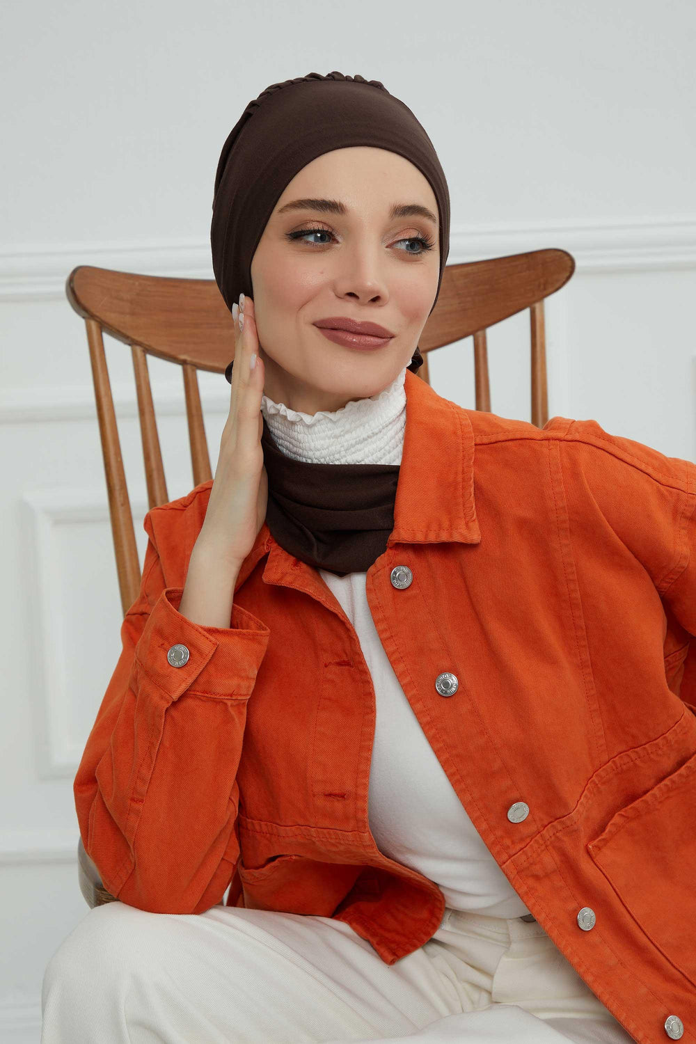 Ready to Wear Cotton Hijab Turban, Lightweight Pre-Tied Headscarf with Lycra, Easy Slip-On Modest Head Cover,HT-96 Brown