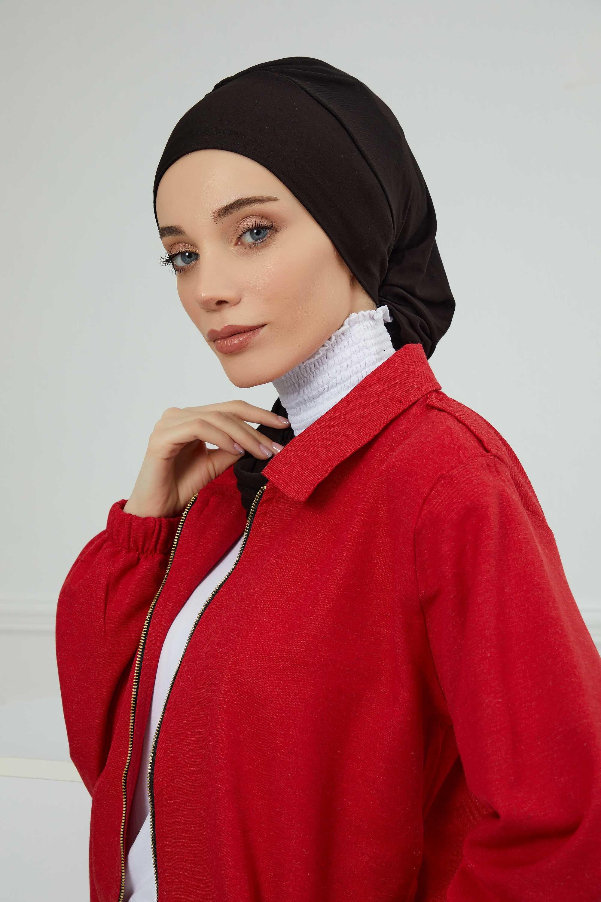 Ready to Wear Cotton Hijab Turban, Lightweight Pre-Tied Headscarf with Lycra, Easy Slip-On Modest Head Cover,HT-96 Black