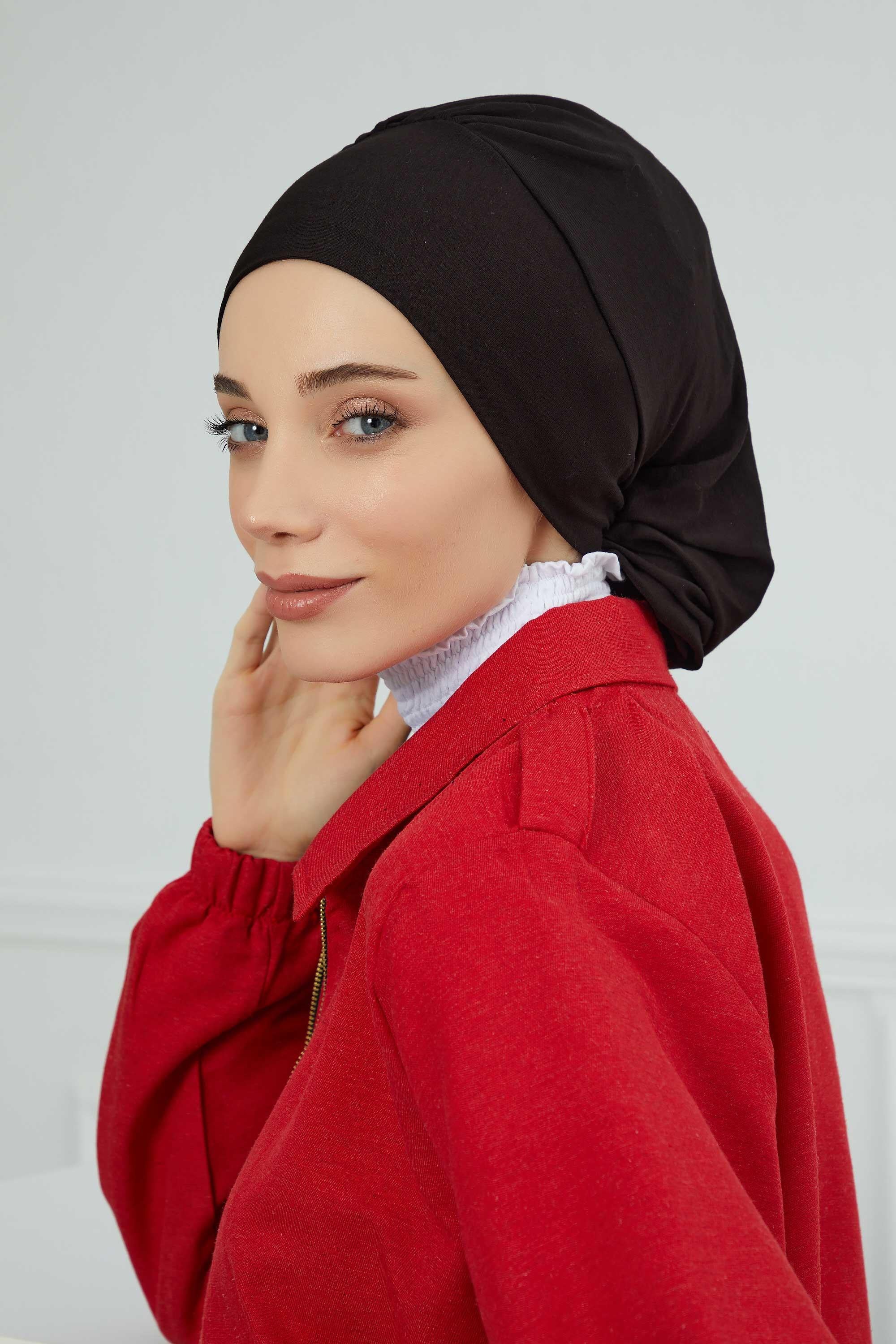 Ready to Wear Cotton Hijab Turban, Lightweight Pre-Tied Headscarf with Lycra, Easy Slip-On Modest Head Cover,HT-96 Black