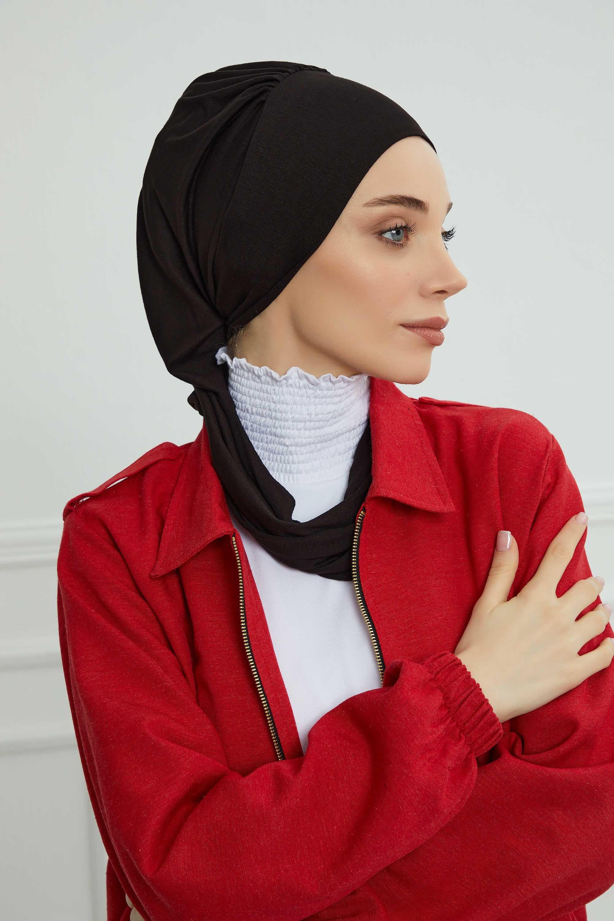 Ready to Wear Cotton Hijab Turban, Lightweight Pre-Tied Headscarf with Lycra, Easy Slip-On Modest Head Cover,HT-96 Black