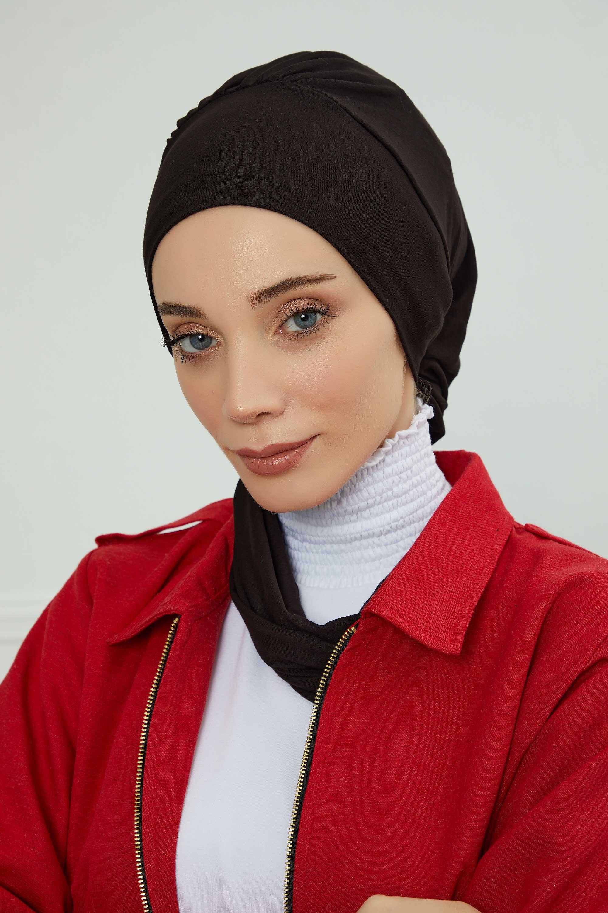 Ready to Wear Cotton Hijab Turban, Lightweight Pre-Tied Headscarf with Lycra, Easy Slip-On Modest Head Cover,HT-96 Black