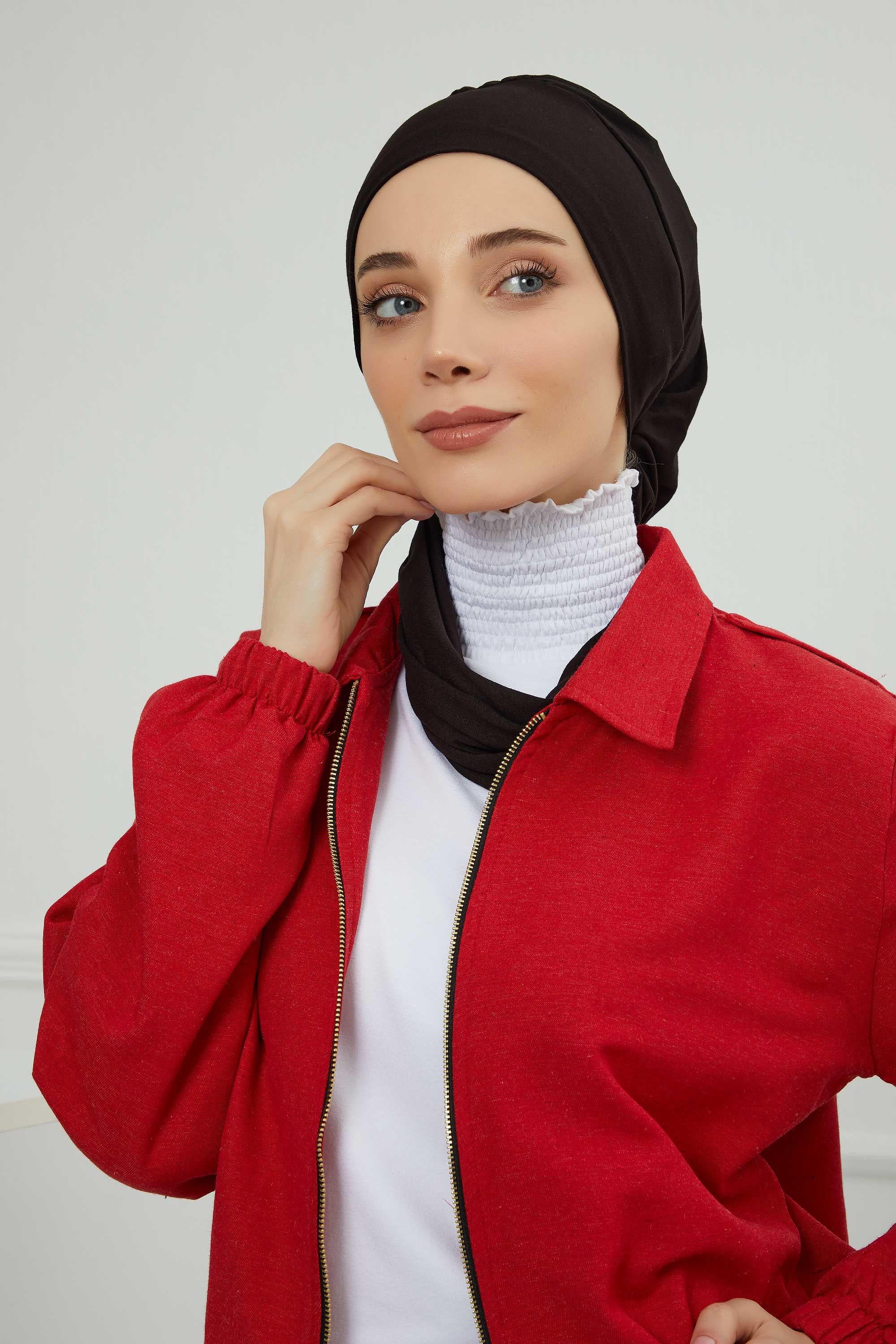 Ready to Wear Cotton Hijab Turban, Lightweight Pre-Tied Headscarf with Lycra, Easy Slip-On Modest Head Cover,HT-96 Black