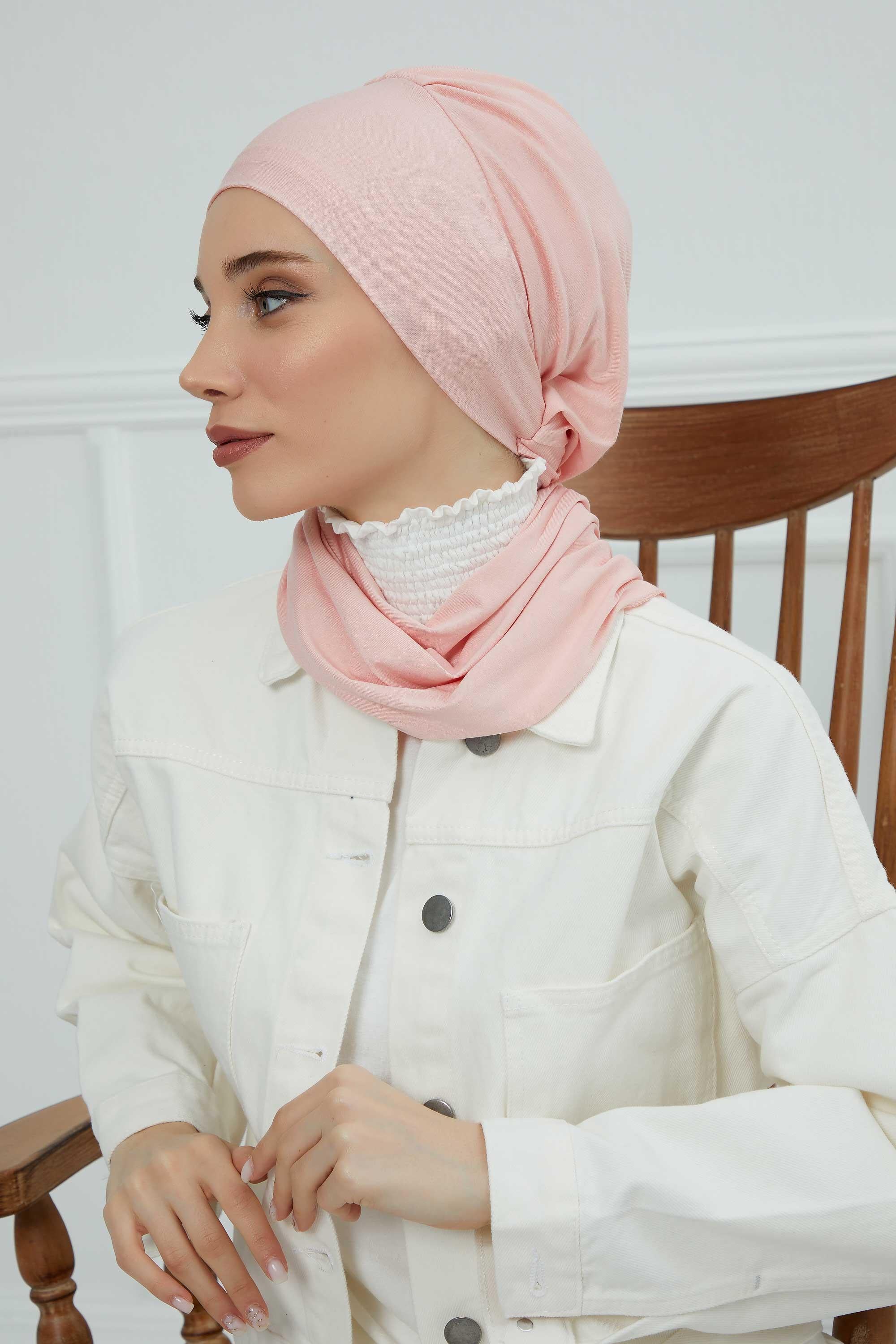 Ready to Wear Cotton Hijab Turban, Lightweight Pre-Tied Headscarf with Lycra, Easy Slip-On Modest Head Cover,HT-96 Powder