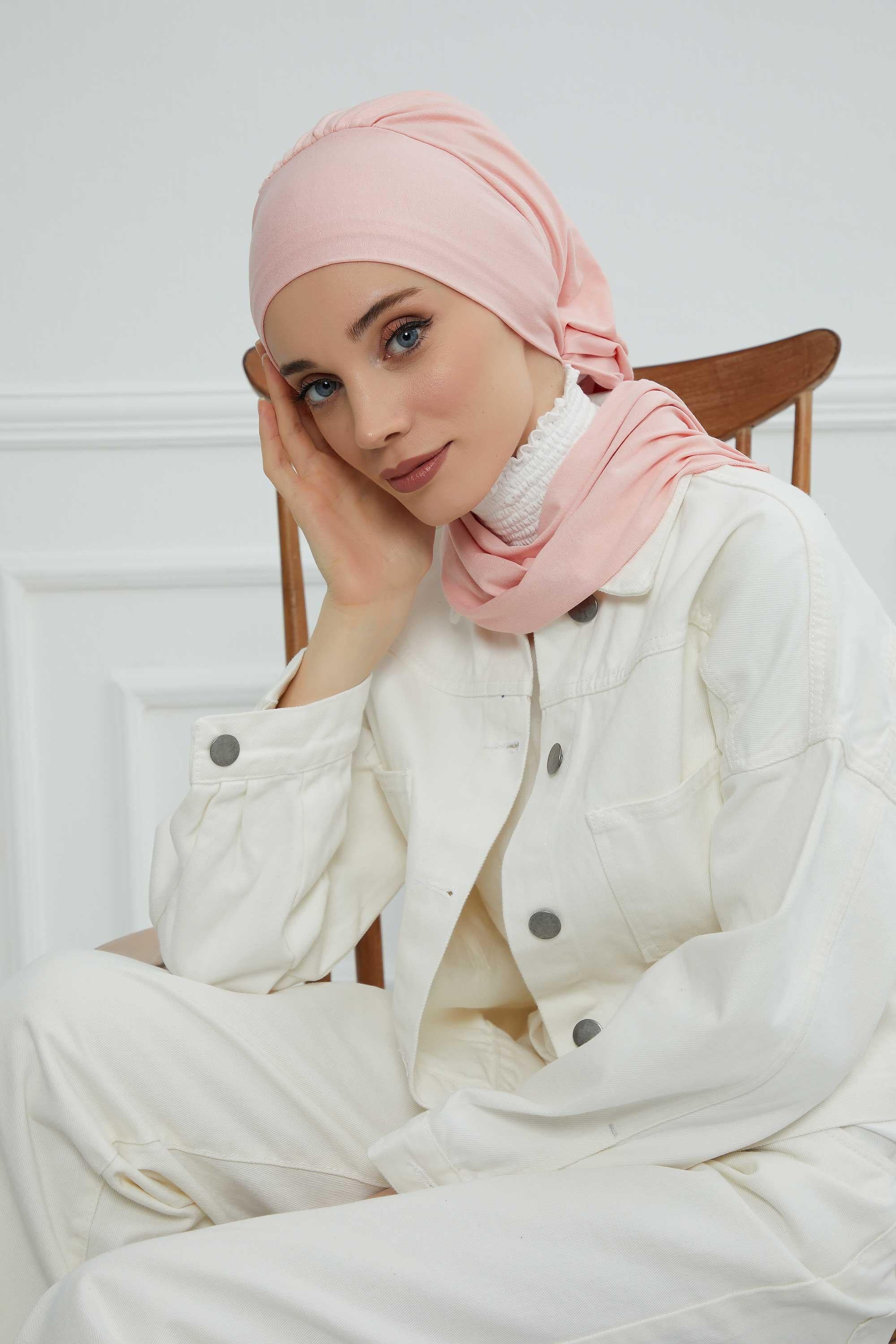 Ready to Wear Cotton Hijab Turban, Lightweight Pre-Tied Headscarf with Lycra, Easy Slip-On Modest Head Cover,HT-96 Powder