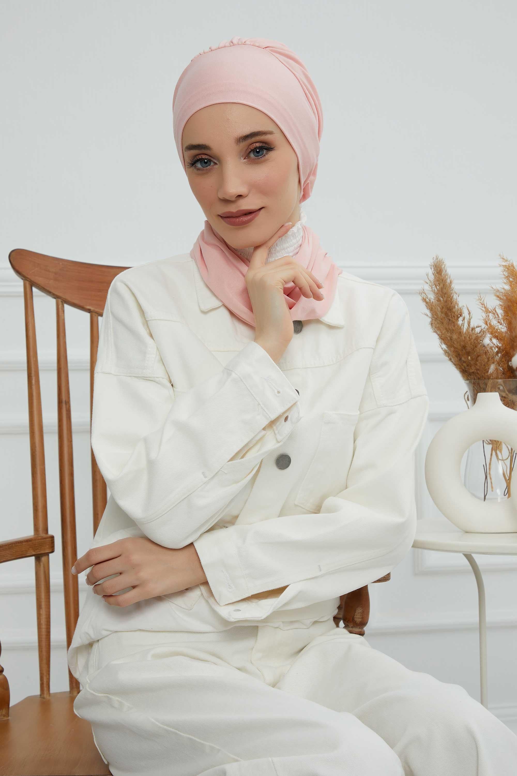 Ready to Wear Cotton Hijab Turban, Lightweight Pre-Tied Headscarf with Lycra, Easy Slip-On Modest Head Cover,HT-96 Powder