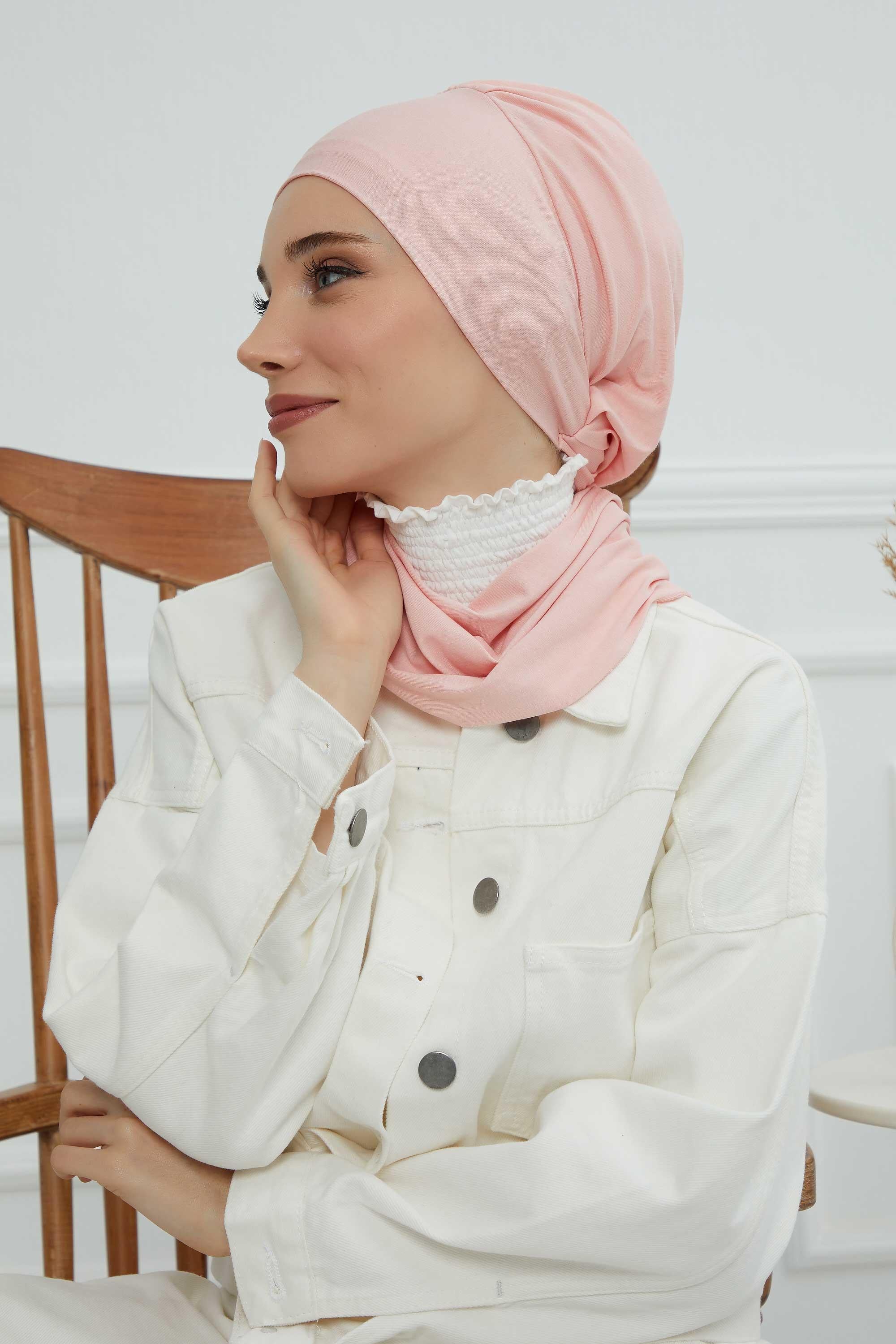 Ready to Wear Cotton Hijab Turban, Lightweight Pre-Tied Headscarf with Lycra, Easy Slip-On Modest Head Cover,HT-96 Powder