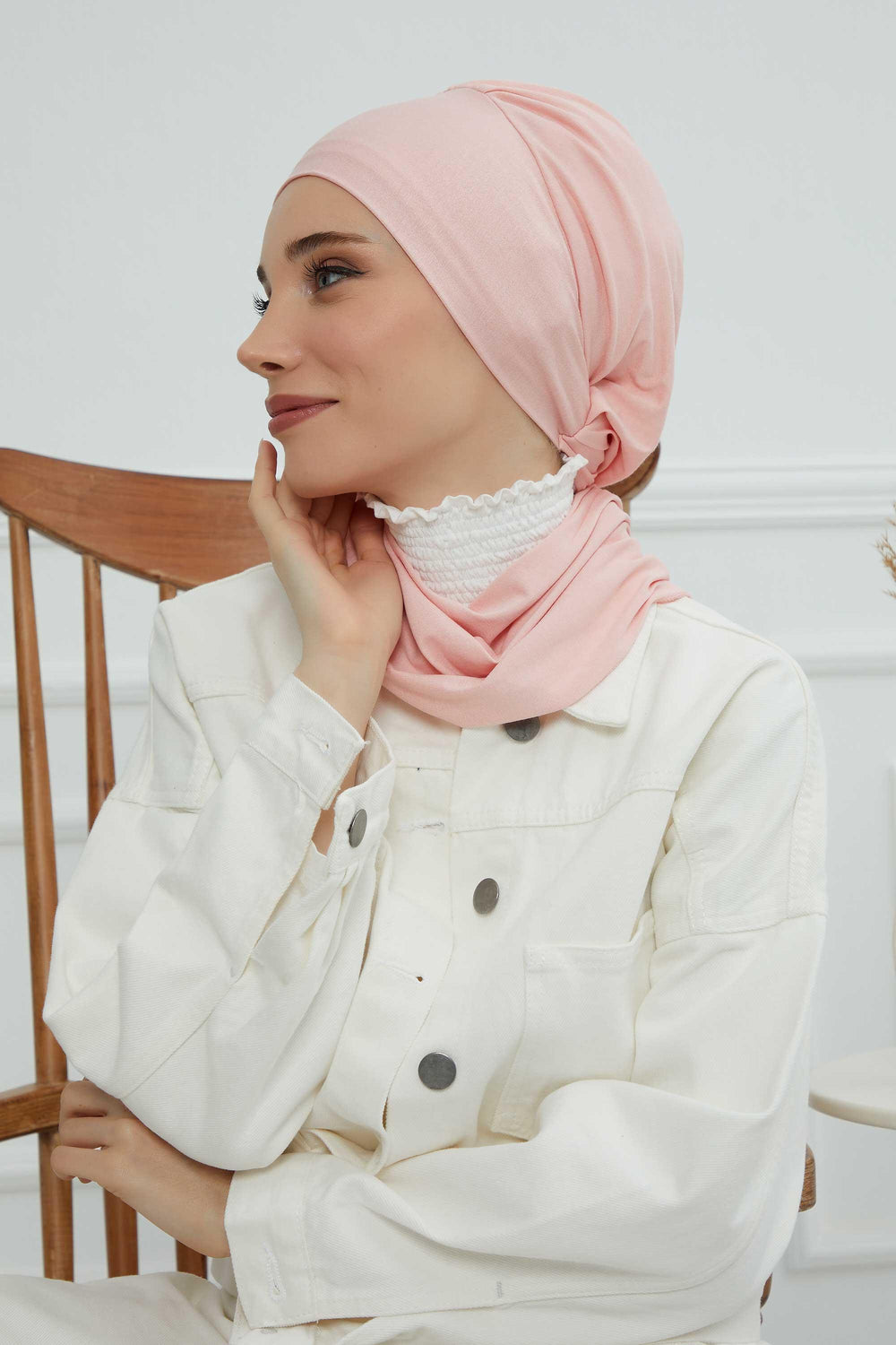 Ready to Wear Cotton Hijab Turban, Lightweight Pre-Tied Headscarf with Lycra, Easy Slip-On Modest Head Cover,HT-96 Powder