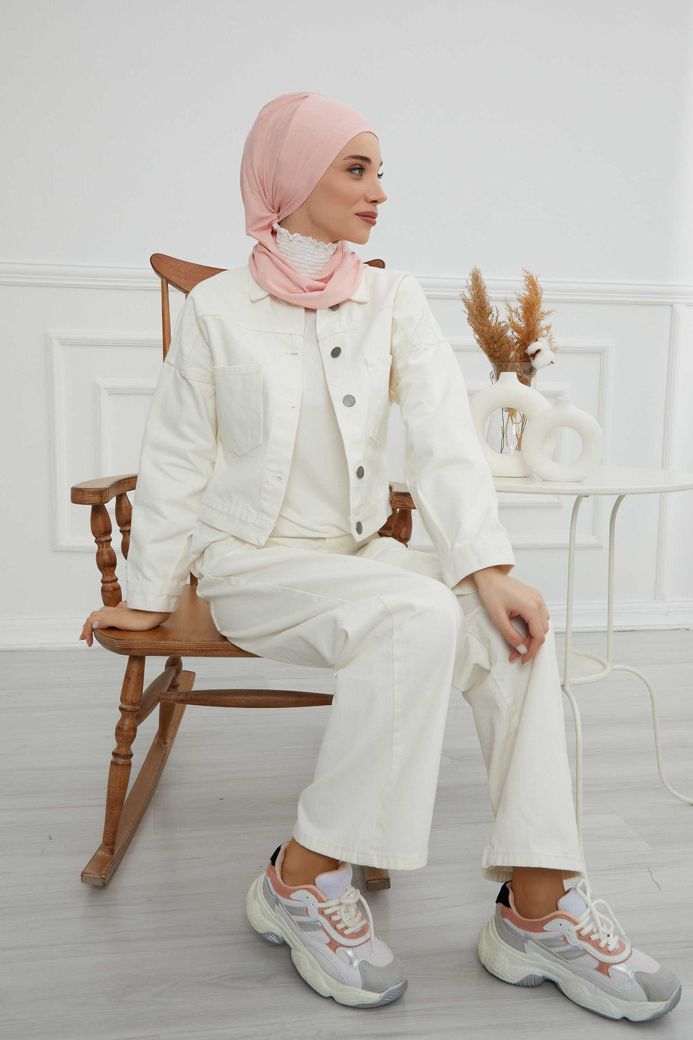 Ready to Wear Cotton Hijab Turban, Lightweight Pre-Tied Headscarf with Lycra, Easy Slip-On Modest Head Cover,HT-96 Powder