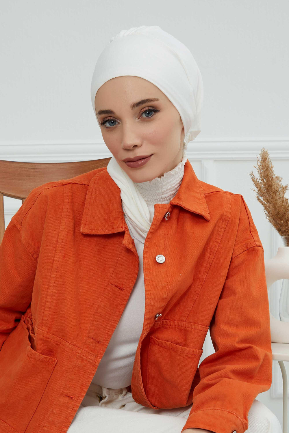Ready to Wear Cotton Hijab Turban, Lightweight Pre-Tied Headscarf with Lycra, Easy Slip-On Modest Head Cover,HT-96 Ivory