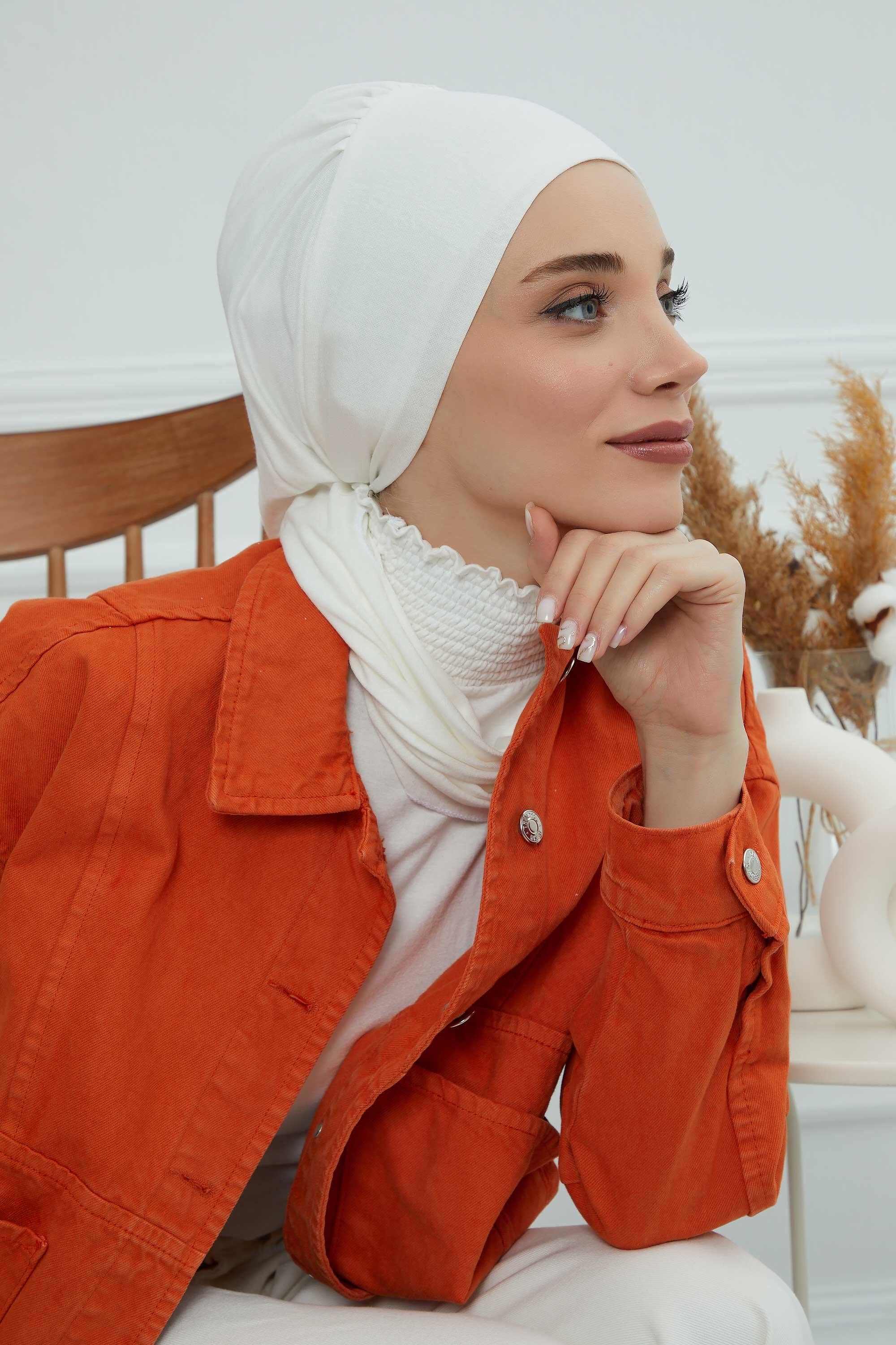Ready to Wear Cotton Hijab Turban, Lightweight Pre-Tied Headscarf with Lycra, Easy Slip-On Modest Head Cover,HT-96 Ivory