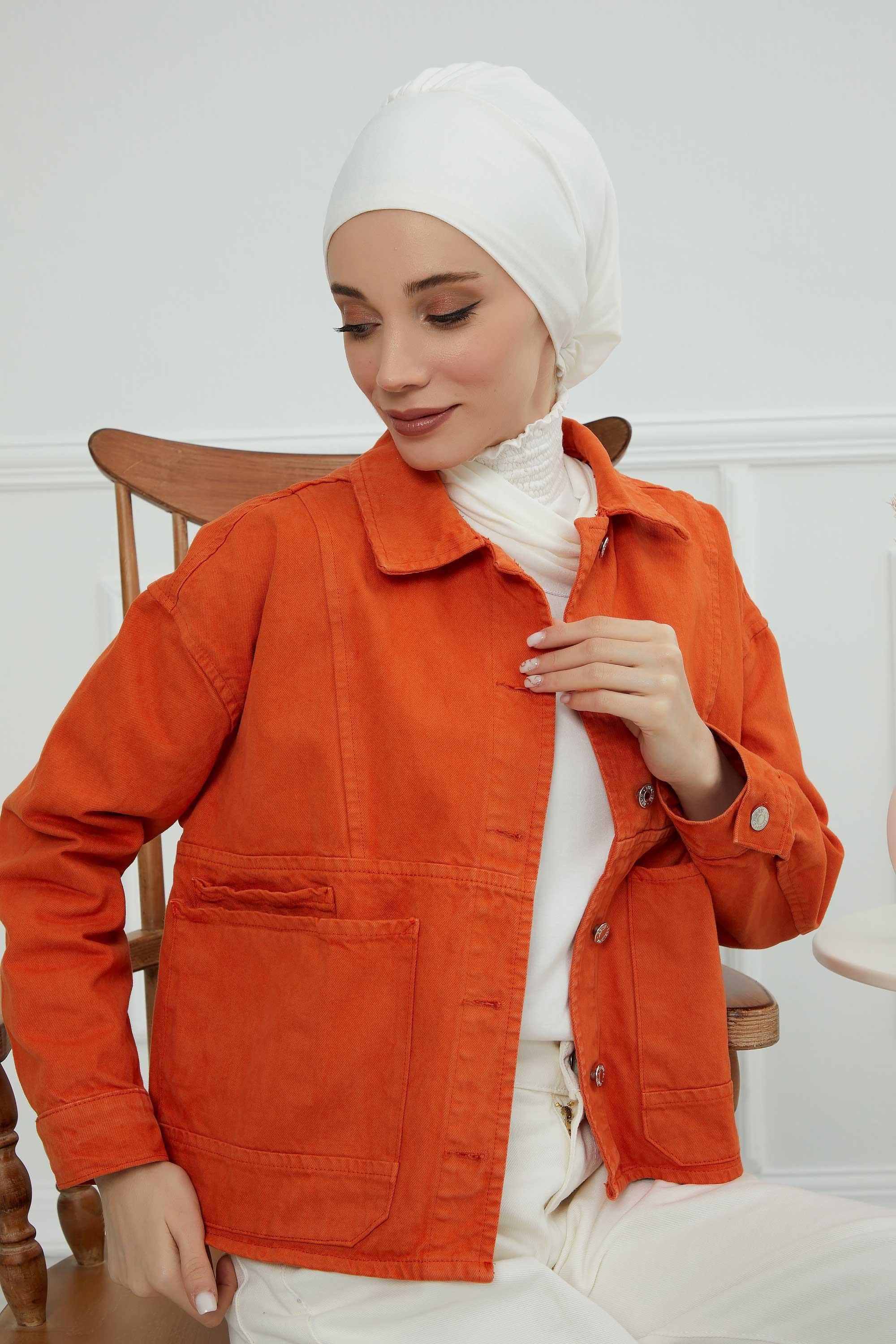 Ready to Wear Cotton Hijab Turban, Lightweight Pre-Tied Headscarf with Lycra, Easy Slip-On Modest Head Cover,HT-96 Ivory