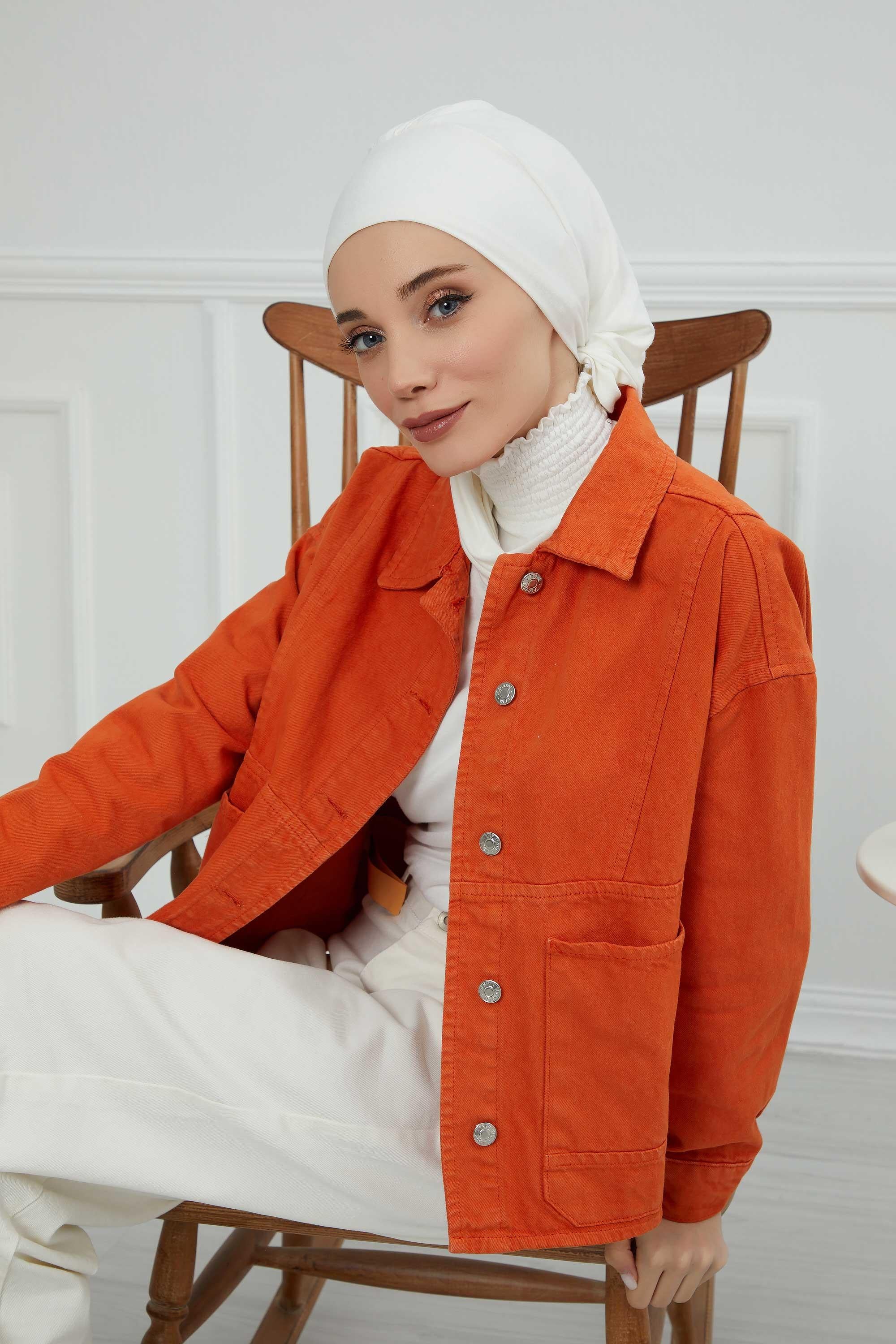 Ready to Wear Cotton Hijab Turban, Lightweight Pre-Tied Headscarf with Lycra, Easy Slip-On Modest Head Cover,HT-96 Ivory