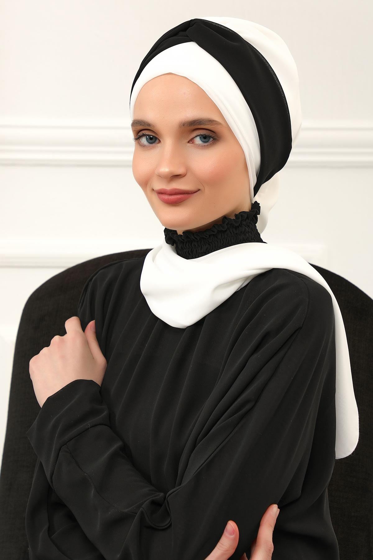 Instant Turban Lightweight Multicolor Chiffon Scarf Head Turbans For Women Headwear Stylish Elegant Design,HT-45 Ivory - Black